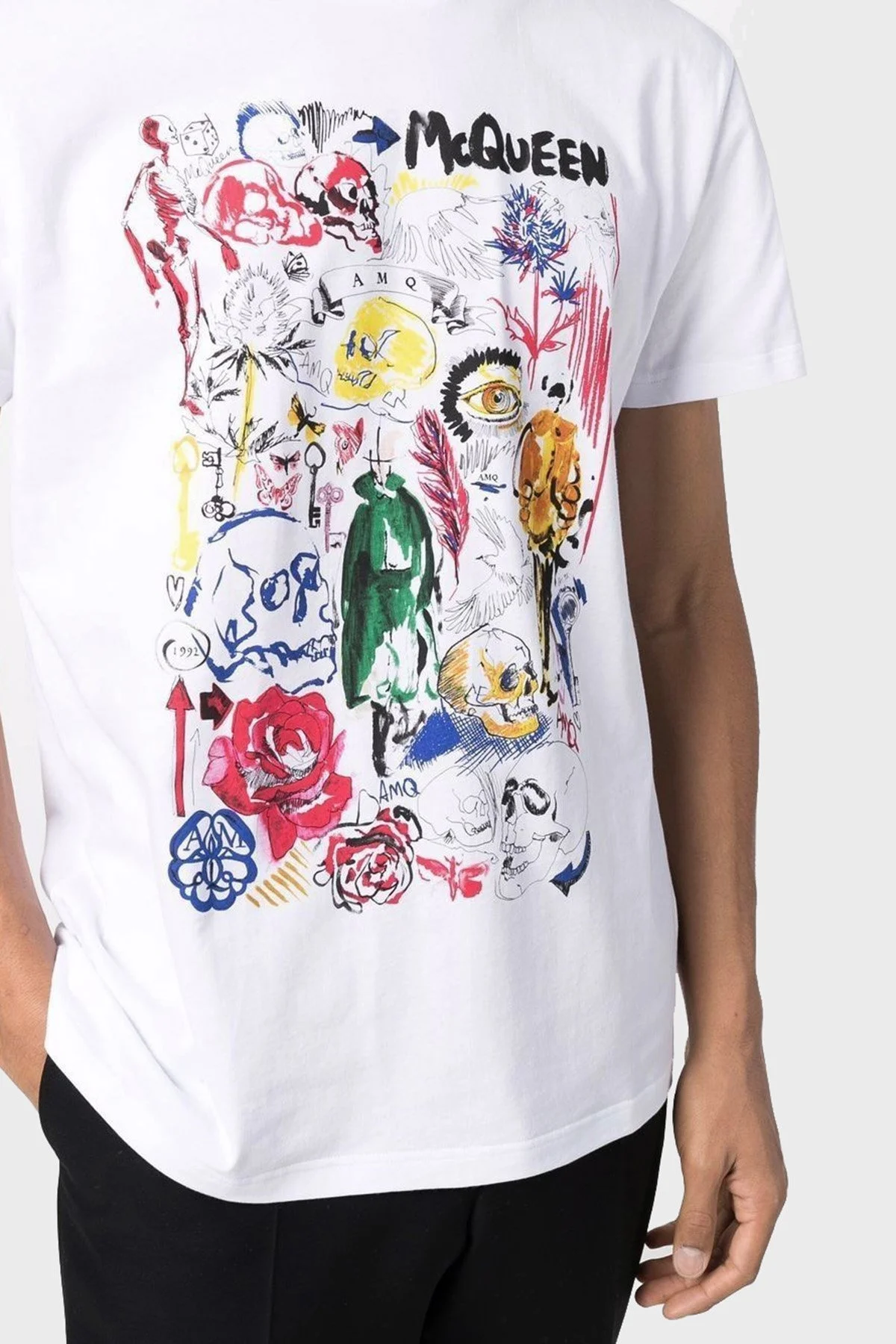 Alexander Mcqueen Baskılı Pamuklu Bisiklet Yaka Erkek T Shirt 682517QSZ51 0900 BEYAZ - 2