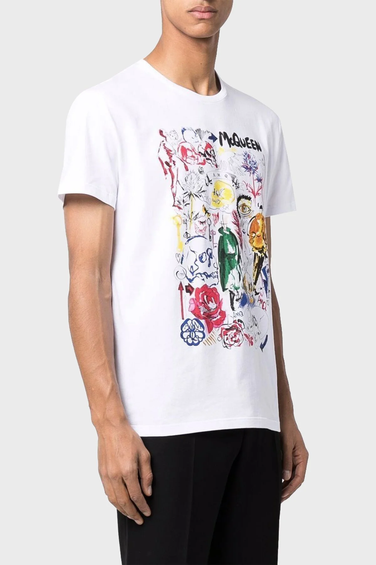 Alexander Mcqueen Baskılı Pamuklu Bisiklet Yaka Erkek T Shirt 682517QSZ51 0900 BEYAZ - 1