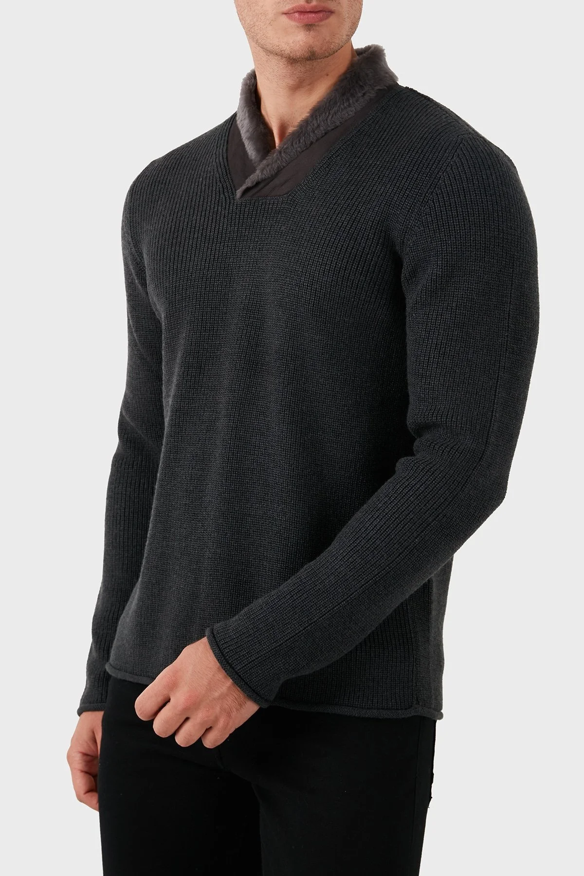 Armani Collezioni Yün Slim Fit Şal Yaka Erkek Triko MCM58M MC39 M022 GRİ - 11