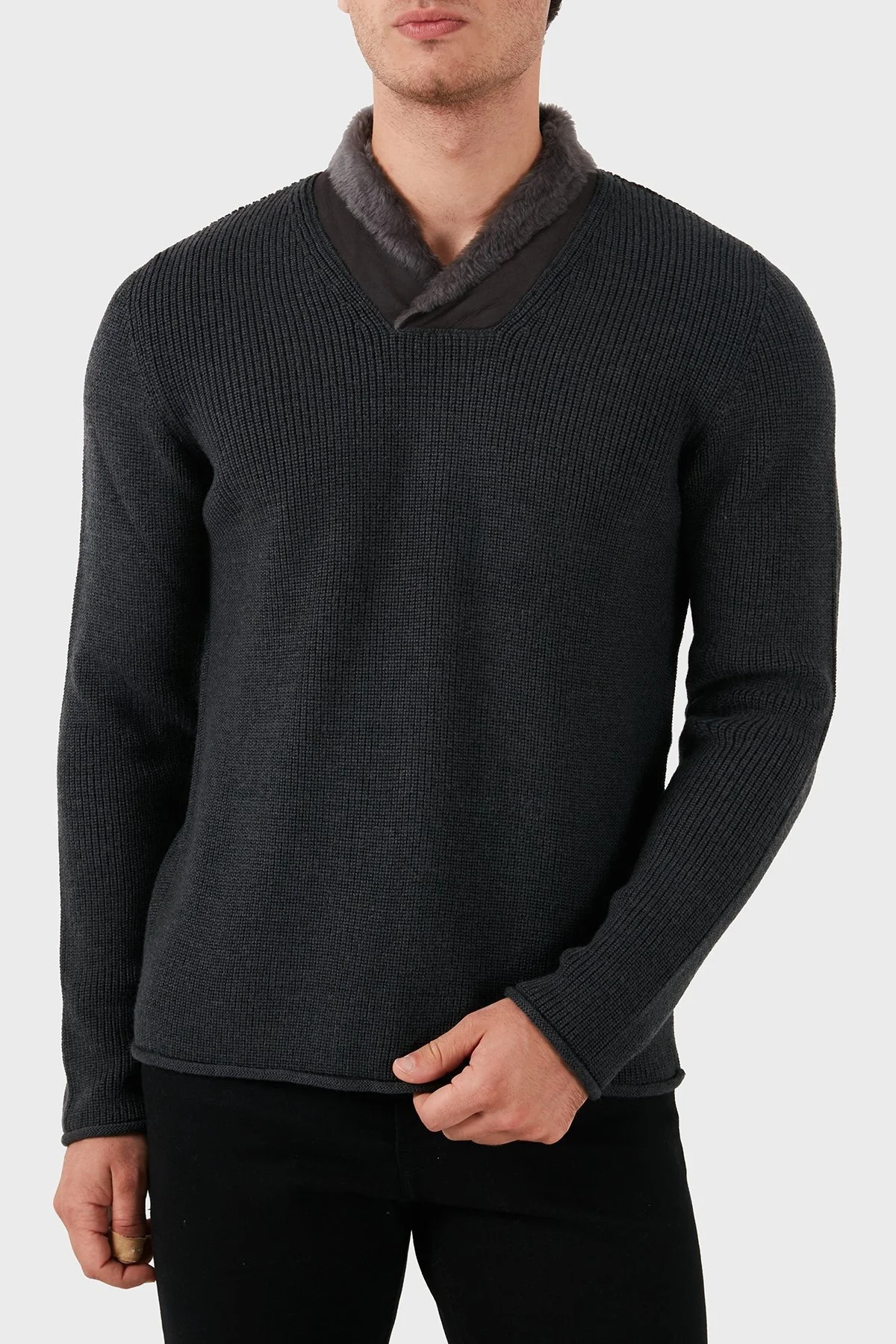 Armani Collezioni Yün Slim Fit Şal Yaka Erkek Triko MCM58M MC39 M022 GRİ - 12