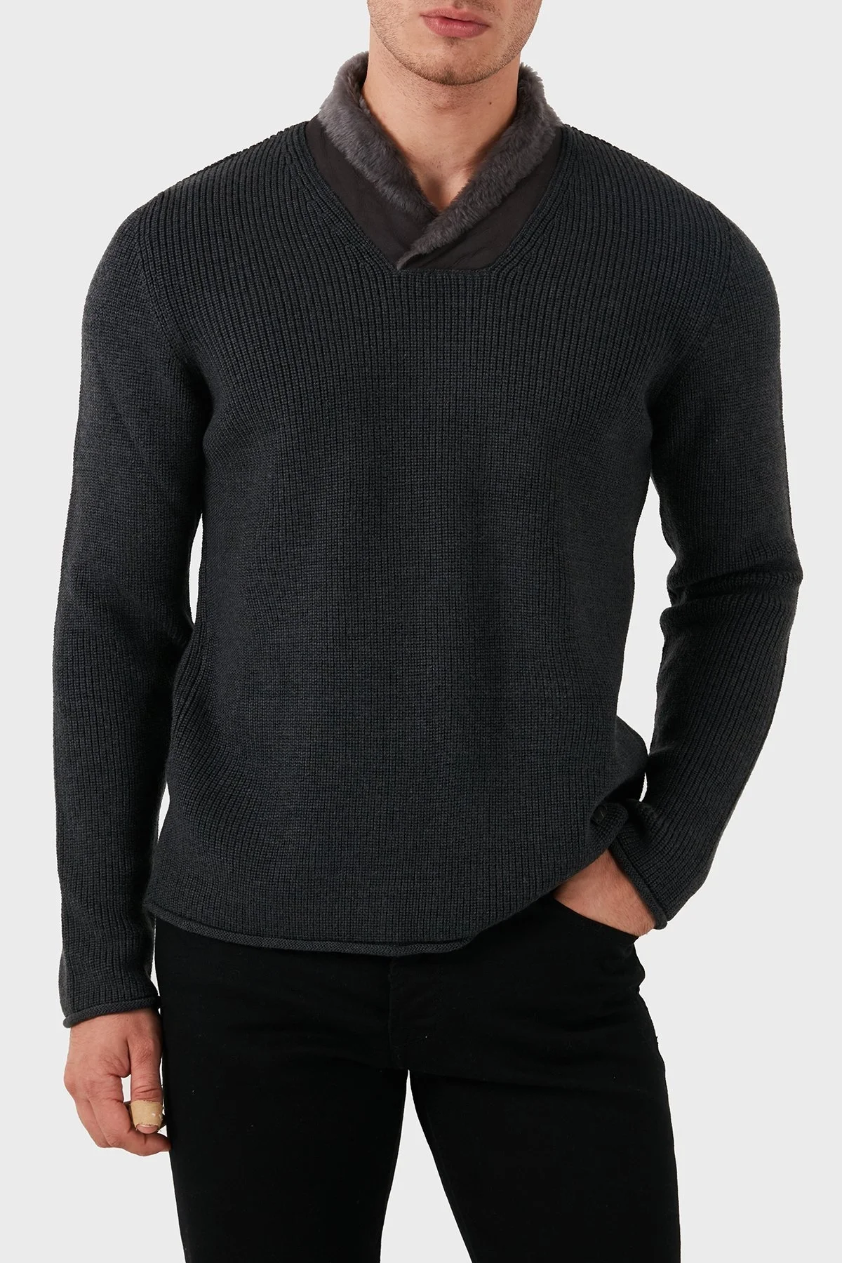 Armani Collezioni Yün Slim Fit Şal Yaka Erkek Triko MCM58M MC39 M022 GRİ - 13