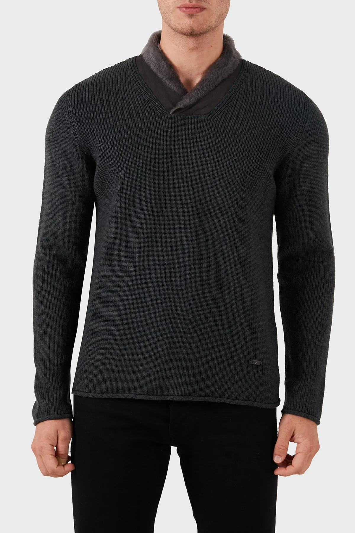 Armani Collezioni Yün Slim Fit Şal Yaka Erkek Triko MCM58M MC39 M022 GRİ - 1