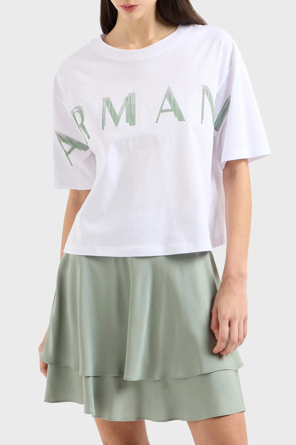 Armani Exchage % 100 Pamuk Cropped Fit Bisiklet Yaka Logolu Bayan T Shirt XW000520 AF10359 U0002 BEYAZ - 6