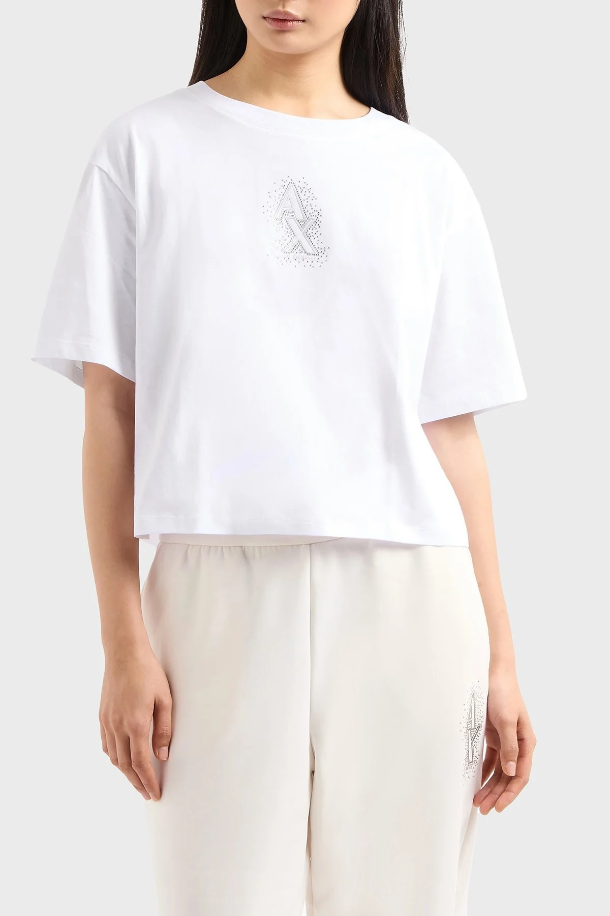 Armani Exchage % 100 Pamuk Cropped Fit Bisiklet Yaka Taşlı Logolu Bayan T Shirt XW000102 AF10359 U0002 BEYAZ - 6