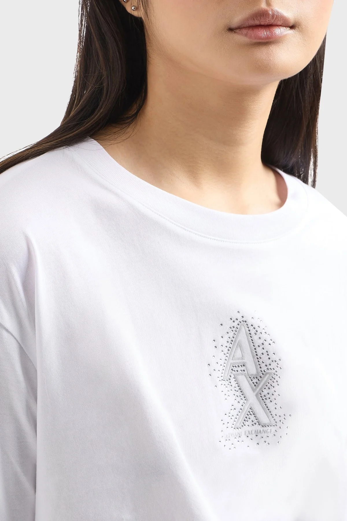 Armani Exchage % 100 Pamuk Cropped Fit Bisiklet Yaka Taşlı Logolu Bayan T Shirt XW000102 AF10359 U0002 BEYAZ - 9