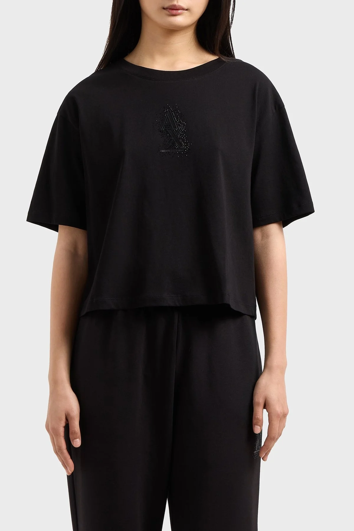 Armani Exchage % 100 Pamuk Cropped Fit Bisiklet Yaka Taşlı Logolu Bayan T Shirt XW000102 AF10359 UC001 SİYAH - 6