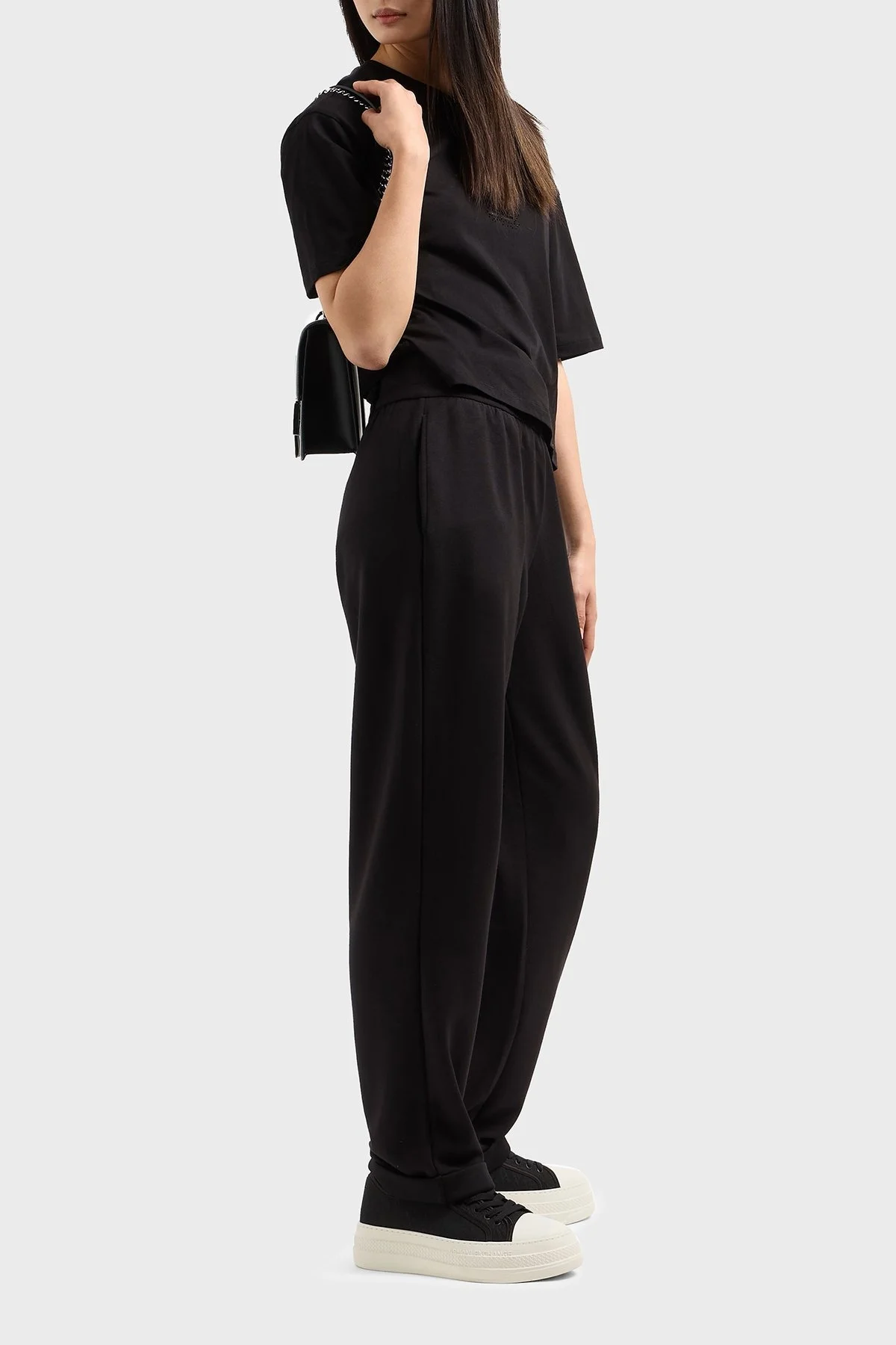 Armani Exchage % 100 Pamuk Cropped Fit Bisiklet Yaka Taşlı Logolu Bayan T Shirt XW000102 AF10359 UC001 SİYAH - 7