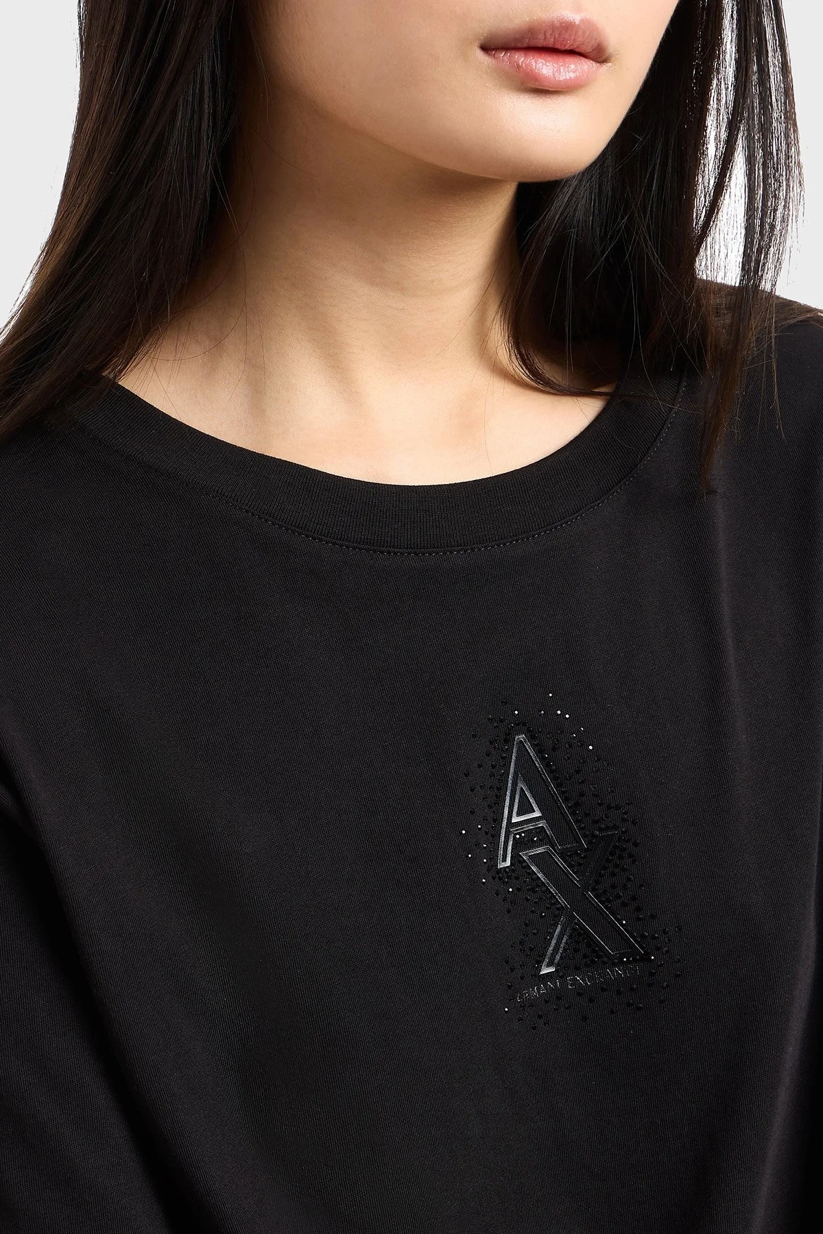Armani Exchage % 100 Pamuk Cropped Fit Bisiklet Yaka Taşlı Logolu Bayan T Shirt XW000102 AF10359 UC001 SİYAH - 9