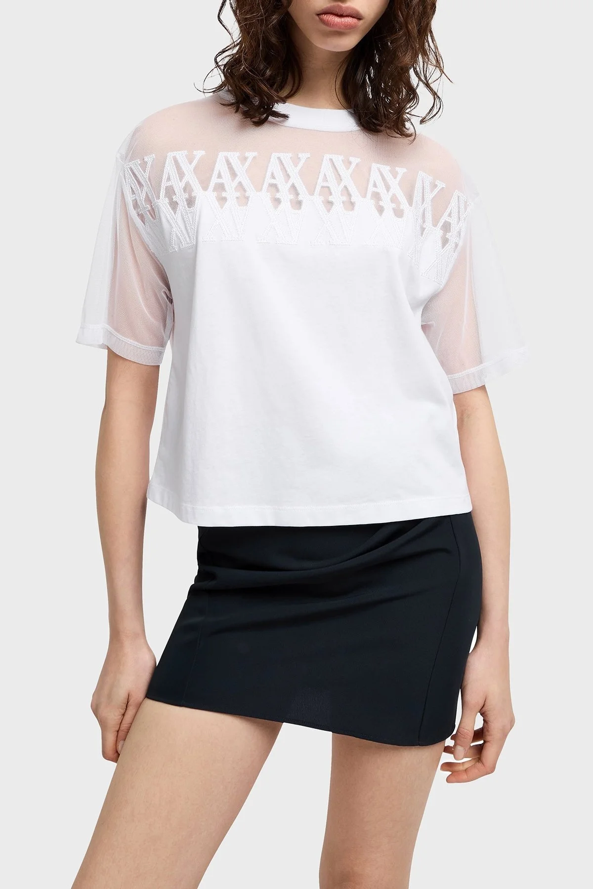 Armani Exchage % 100 Pamuk Cropped Fit Tül Detaylı Bayan T Shirt XW000516 AF10359 U0002 BEYAZ - 6