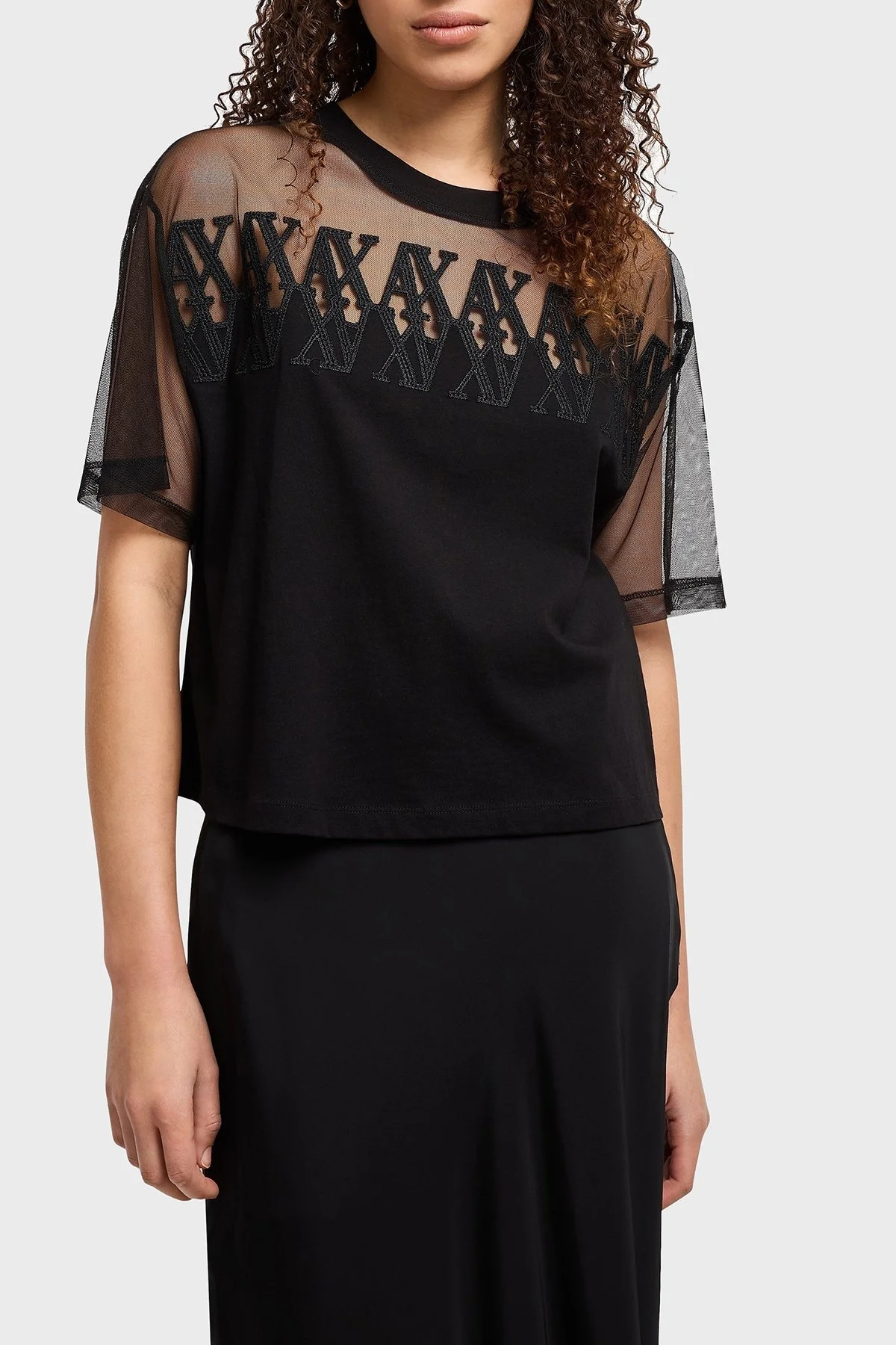 Armani Exchage % 100 Pamuk Cropped Fit Tül Detaylı Bayan T Shirt XW000516 AF10359 UC001 SİYAH - 6