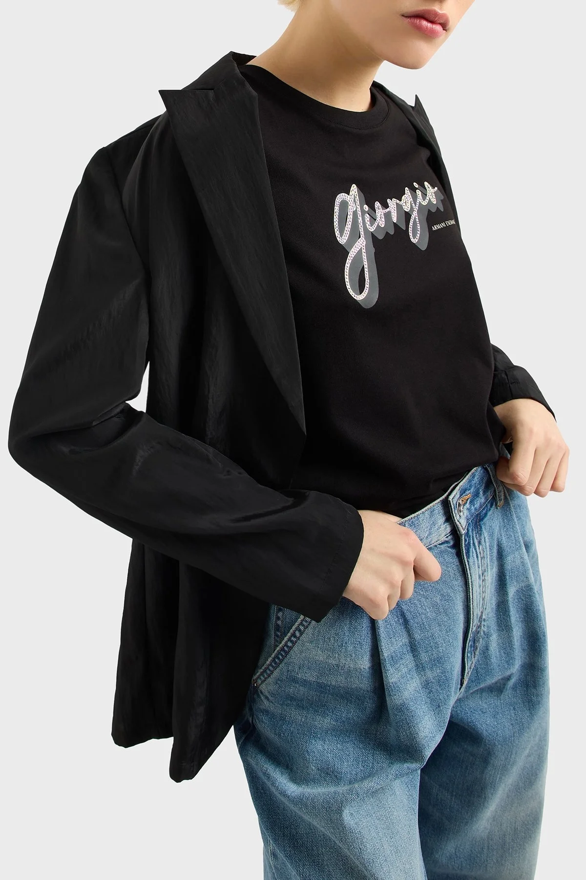 Armani Exchage % 100 Pamuk Regular Fit Bisiklet Yaka Baskılı Bayan T Shirt XW000542 AF10359 UC001 SİYAH - 9