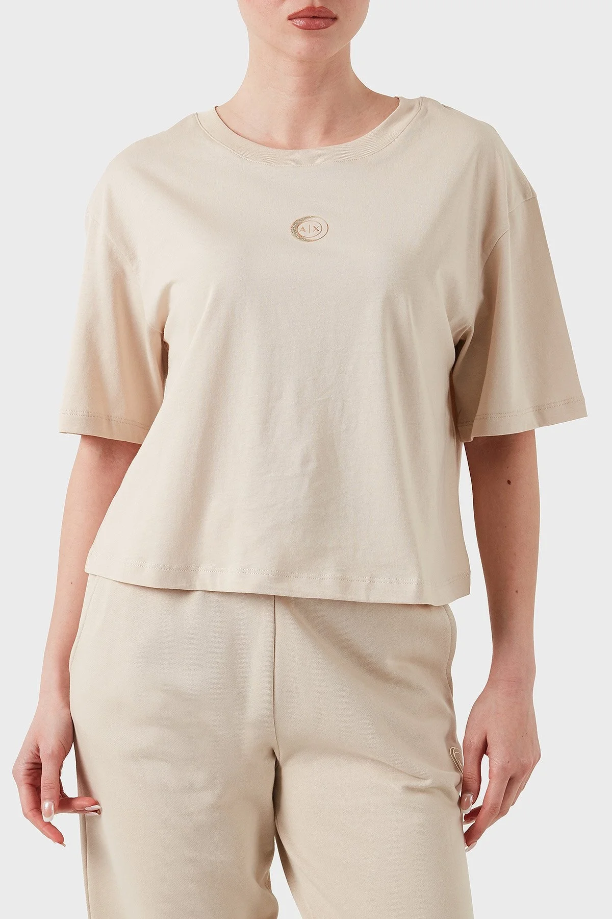 Armani Exchage % 100 Pamuk Regular Fit Bisiklet Yaka Bayan T Shirt XW000321 AF10356 U1095 BEJ - 8