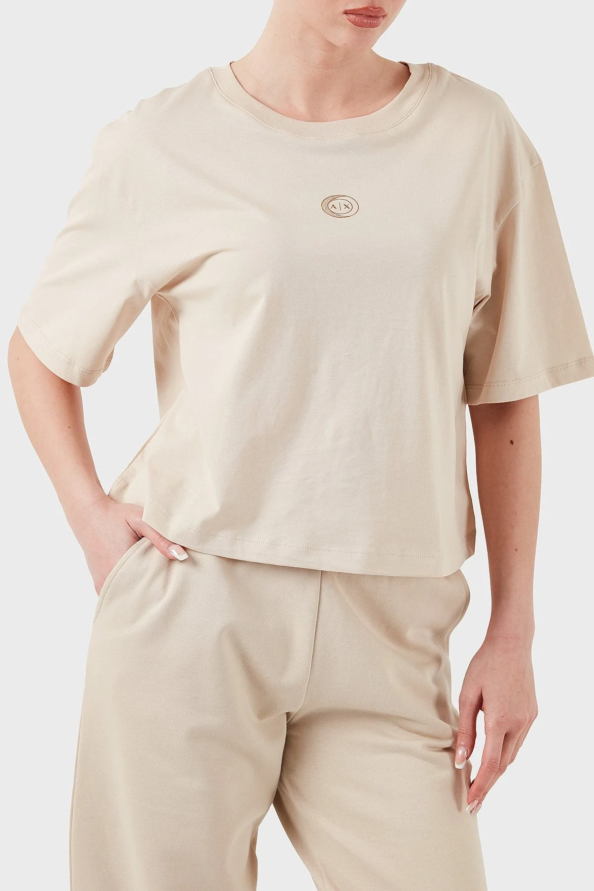 Armani Exchage % 100 Pamuk Regular Fit Bisiklet Yaka Bayan T Shirt XW000321 AF10356 U1095 BEJ - 11