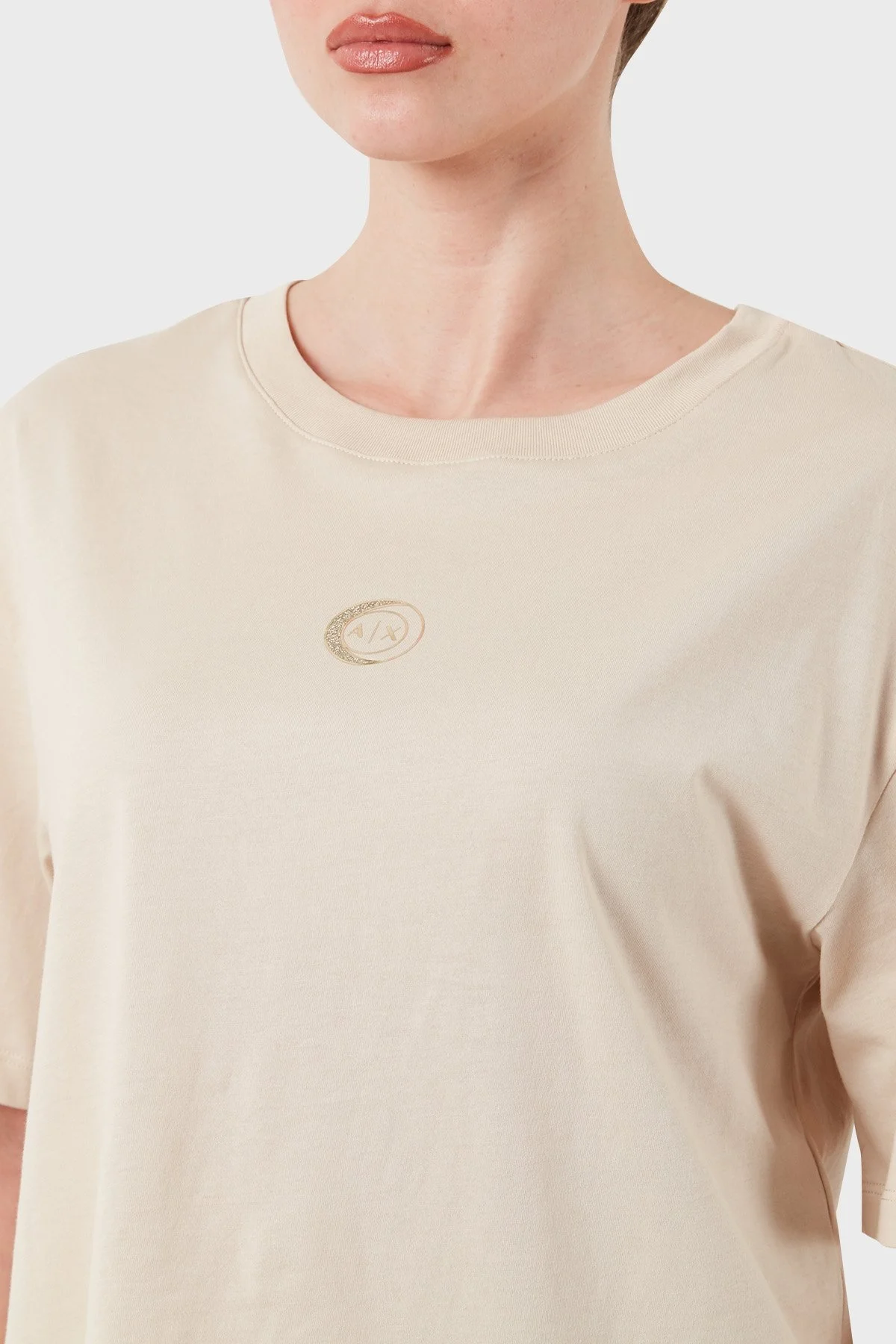 Armani Exchage % 100 Pamuk Regular Fit Bisiklet Yaka Bayan T Shirt XW000321 AF10356 U1095 BEJ - 12