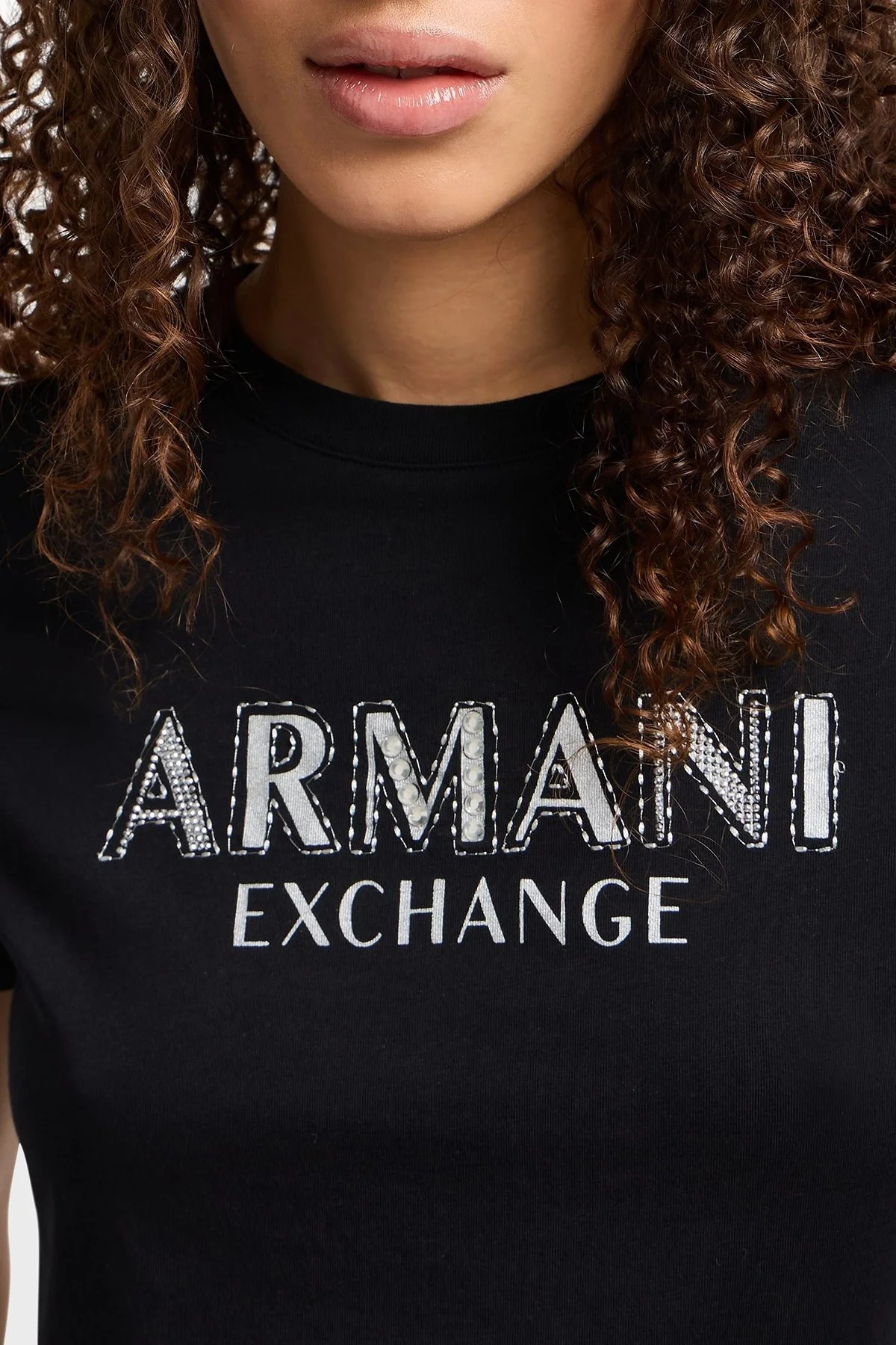 Armani Exchage % 100 Pamuk Regular Fit Bisiklet Yaka Logolu Bayan T Shirt XW000387 AF10354 UC001 SİYAH - 9