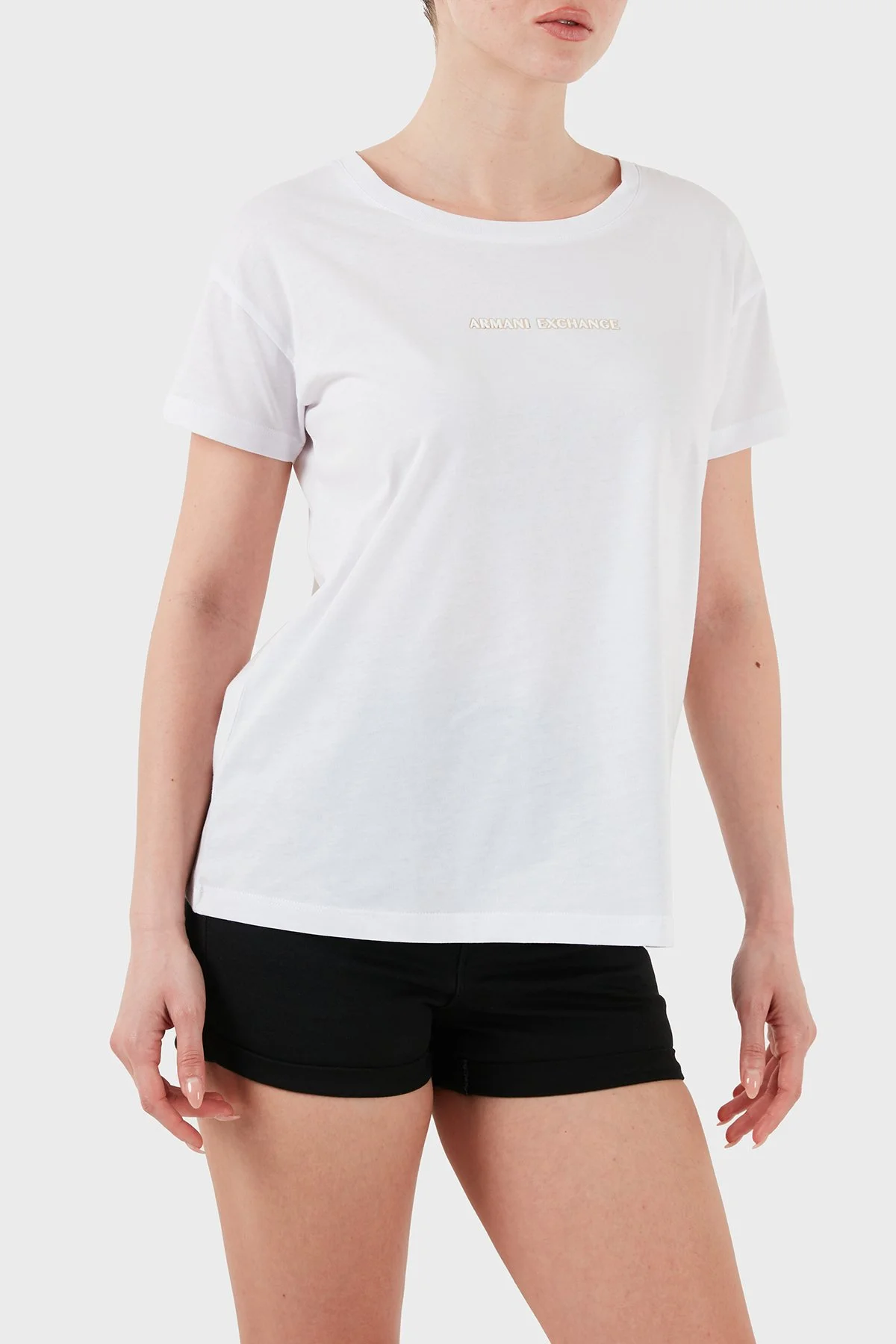 Armani Exchage % 100 Pamuk Regular Fit Bisiklet Yaka Logolu Kadın T Shirt XW000534 AF10359 U0002 Beyaz - 1