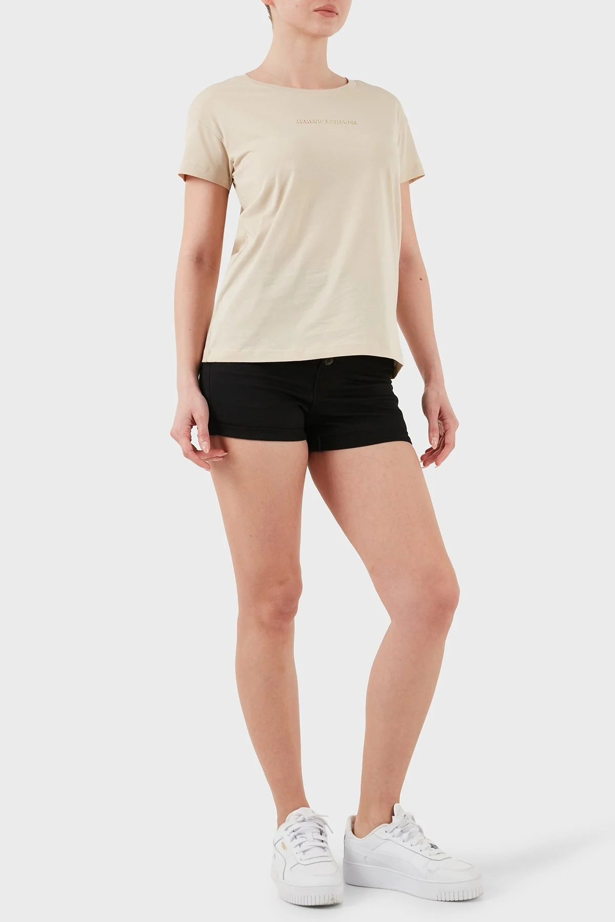 Armani Exchage % 100 Pamuk Regular Fit Bisiklet Yaka Logolu Bayan T Shirt XW000534 AF10359 U1092 KREM - 8