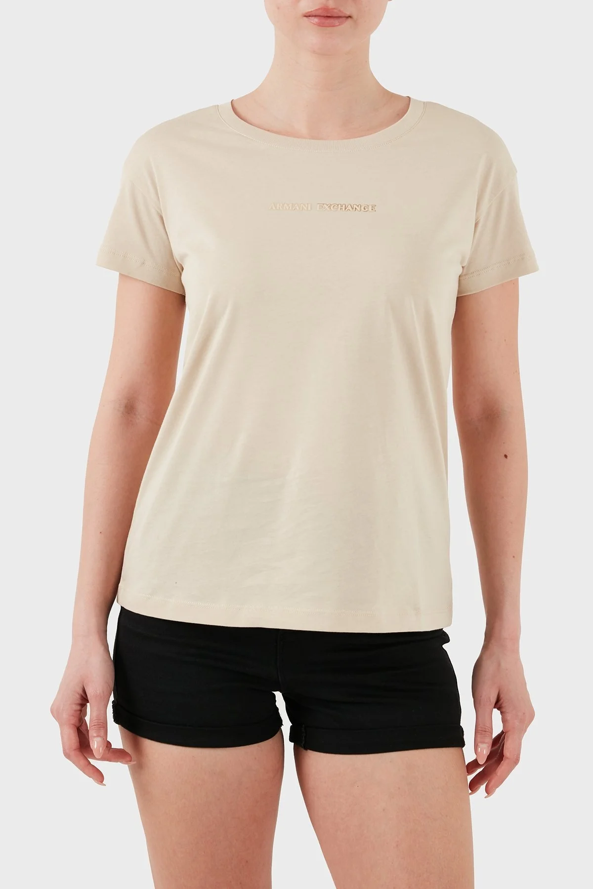 Armani Exchage % 100 Pamuk Regular Fit Bisiklet Yaka Logolu Bayan T Shirt XW000534 AF10359 U1092 KREM - 10