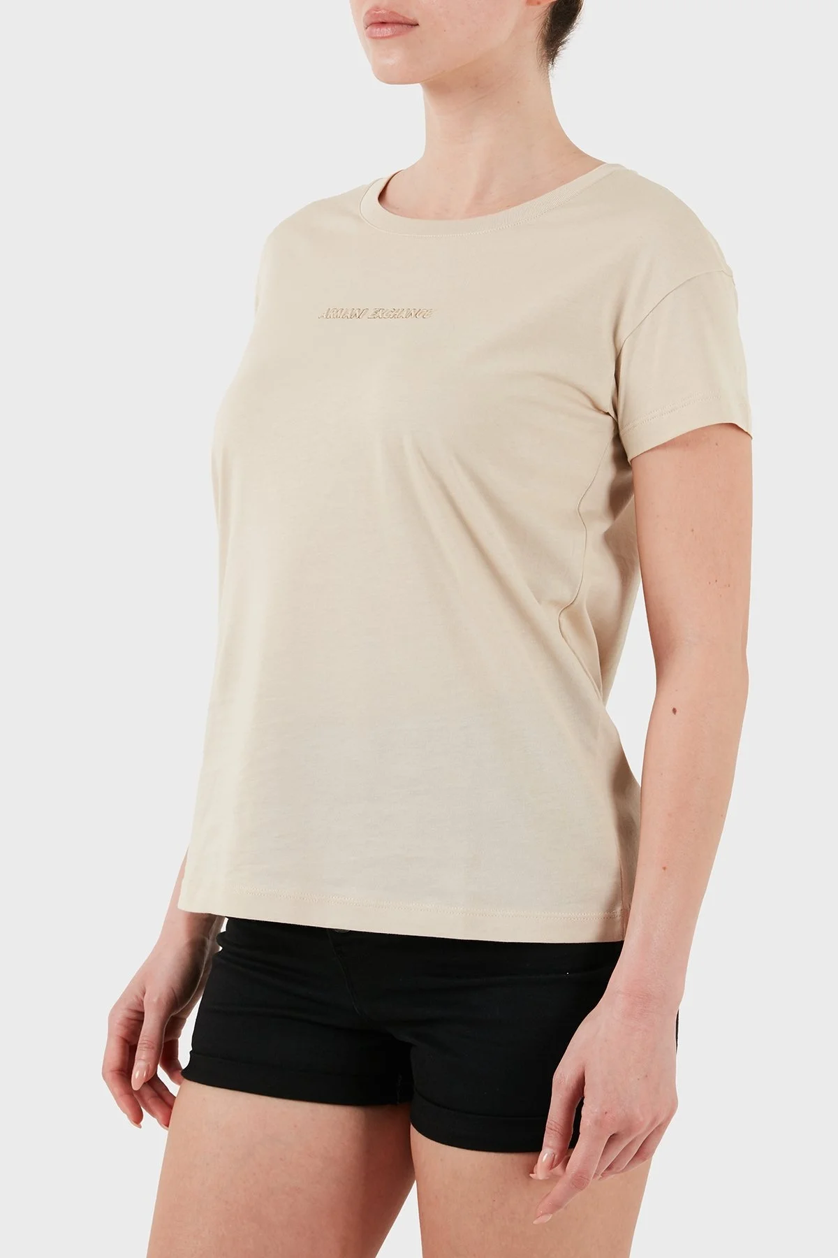 Armani Exchage % 100 Pamuk Regular Fit Bisiklet Yaka Logolu Bayan T Shirt XW000534 AF10359 U1092 KREM - 11