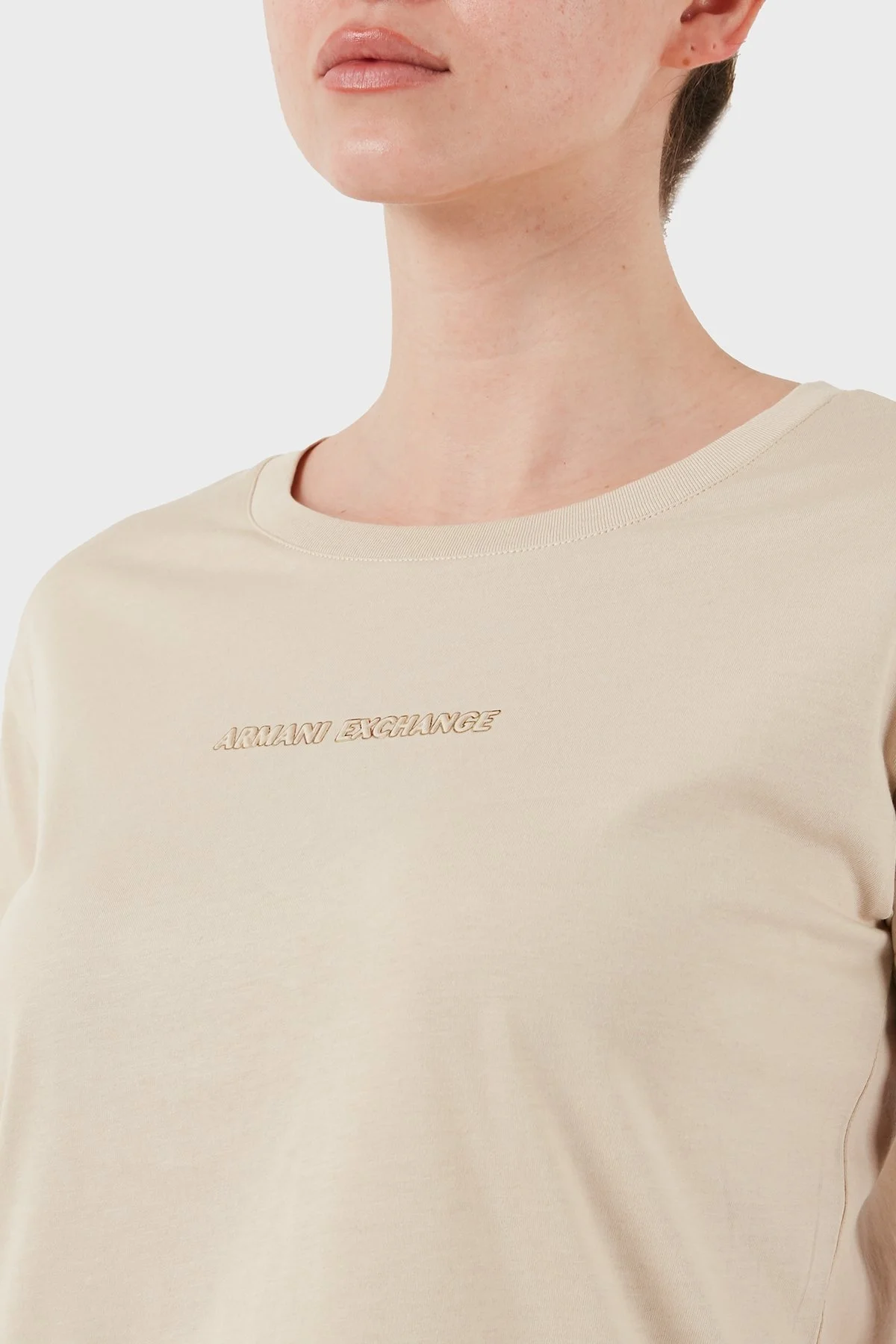Armani Exchage % 100 Pamuk Regular Fit Bisiklet Yaka Logolu Bayan T Shirt XW000534 AF10359 U1092 KREM - 12