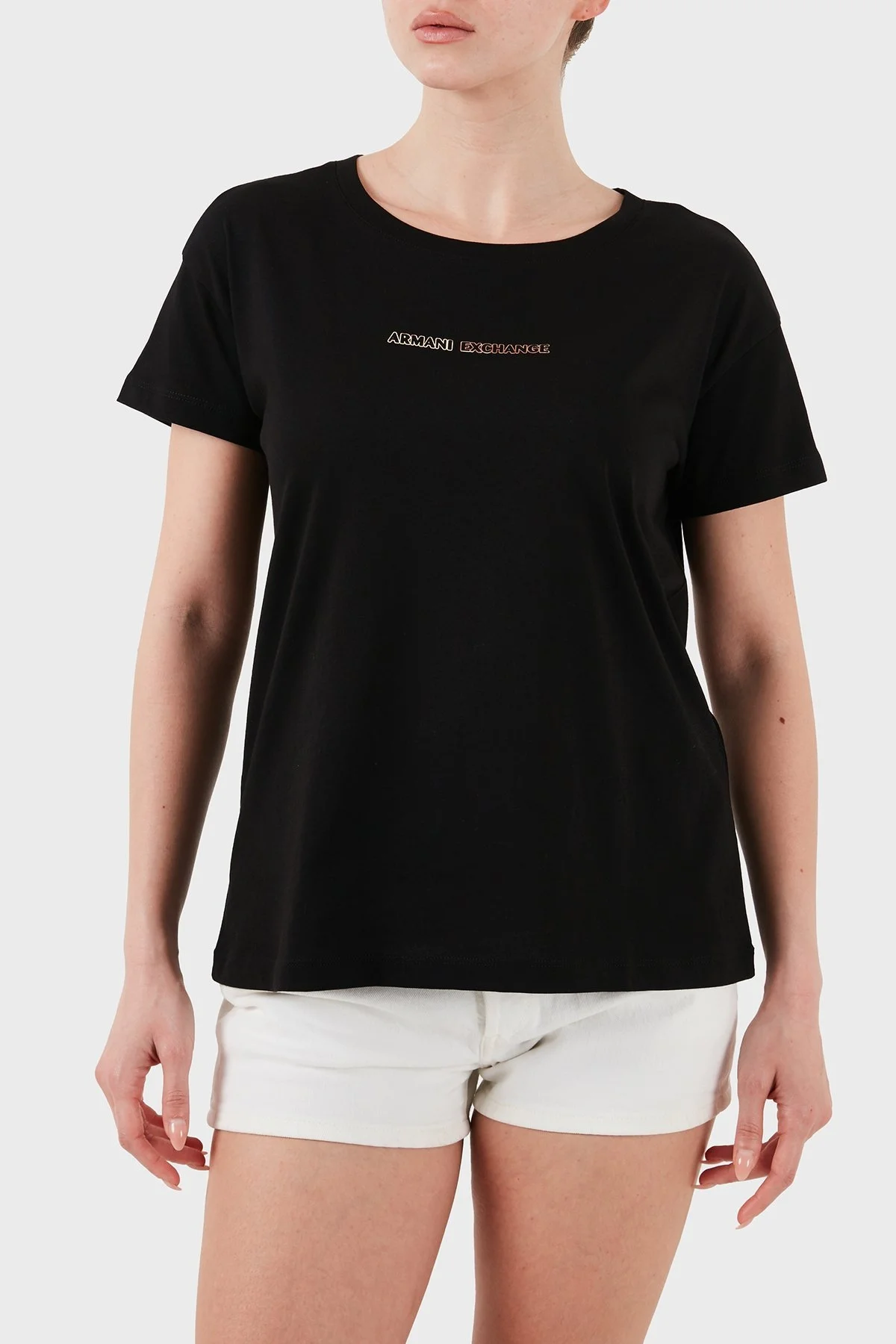 Armani Exchage % 100 Pamuk Regular Fit Bisiklet Yaka Logolu Bayan T Shirt XW000534 AF10359 UC001 SİYAH - 10