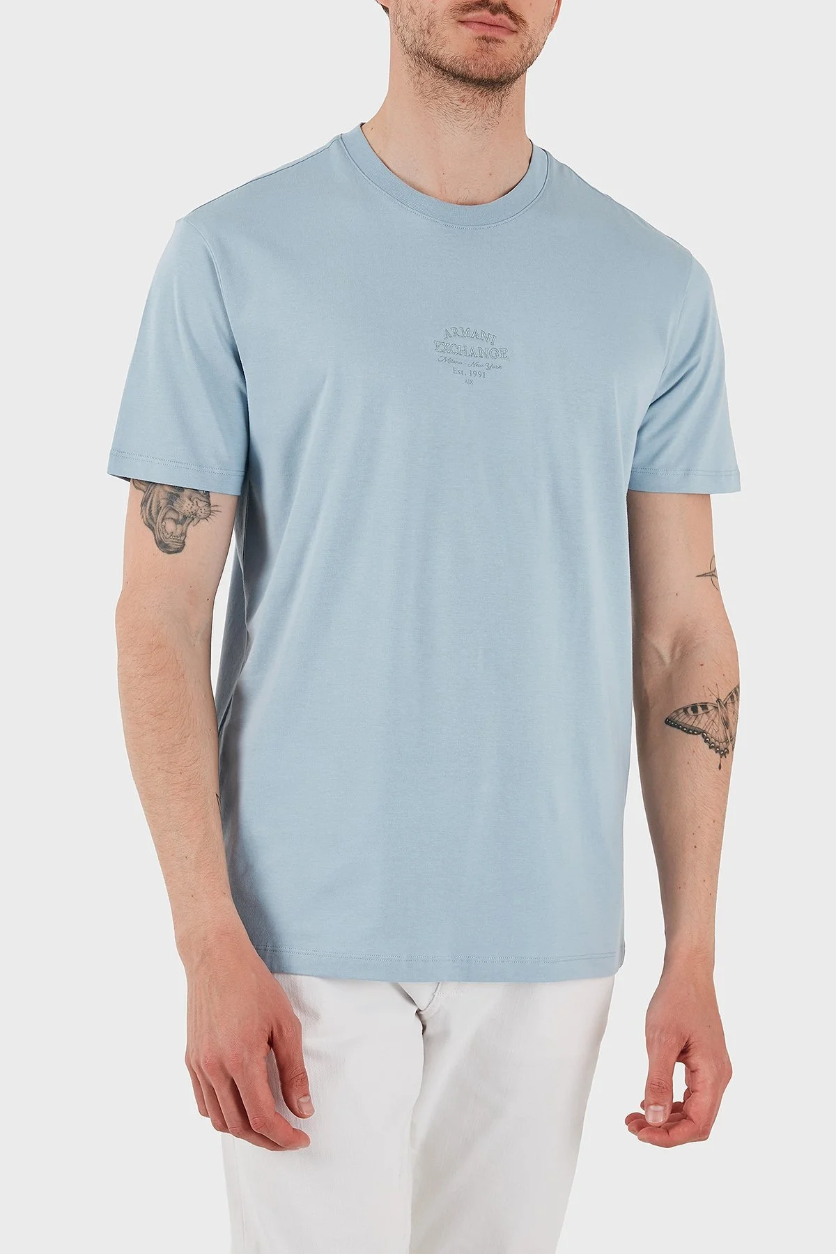 Armani Exchage % 100 Pamuk Regular Fit Bisiklet Yaka Logolu Erkek T Shirt XM000761 AF12308 U9360 AÇIK MAVİ - 7