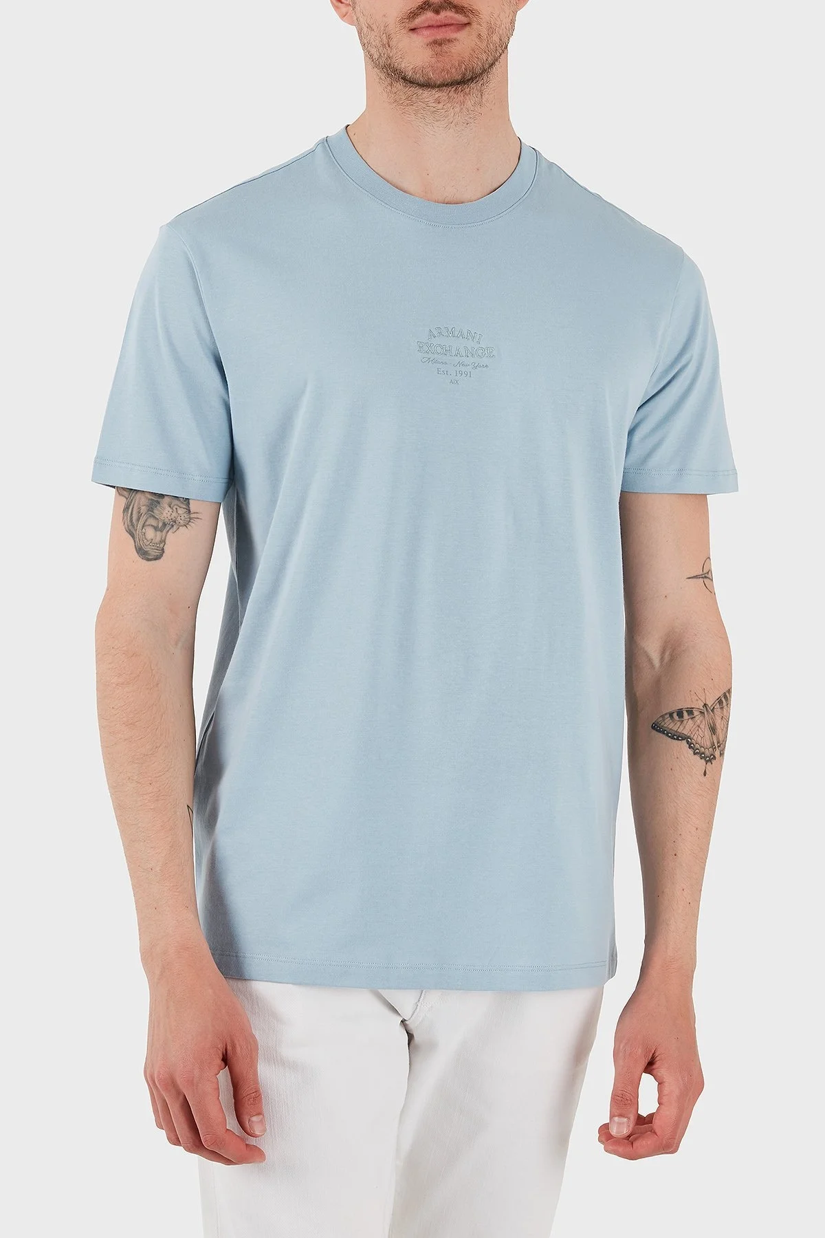 Armani Exchage % 100 Pamuk Regular Fit Bisiklet Yaka Logolu Erkek T Shirt XM000761 AF12308 U9360 AÇIK MAVİ - 9