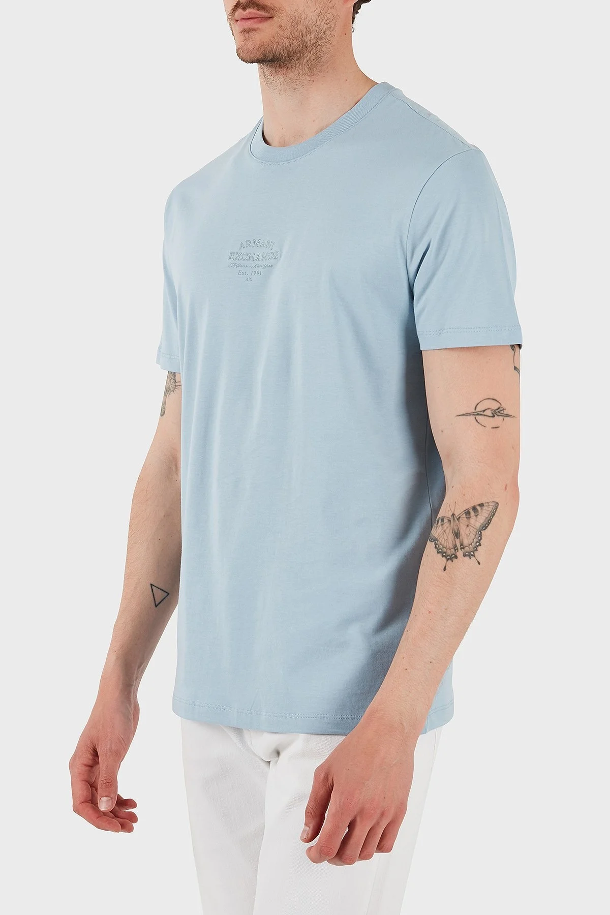 Armani Exchage % 100 Pamuk Regular Fit Bisiklet Yaka Logolu Erkek T Shirt XM000761 AF12308 U9360 AÇIK MAVİ - 10