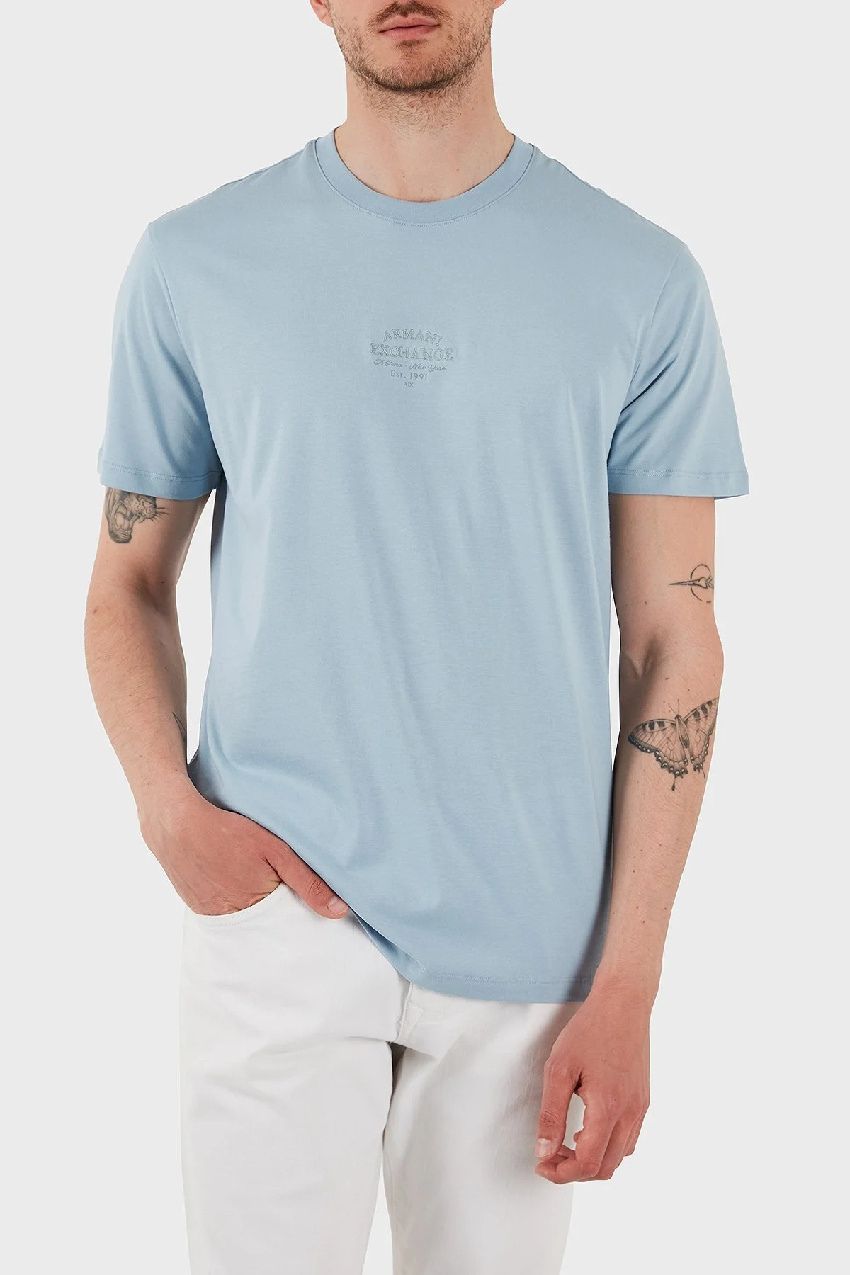 Armani Exchage % 100 Pamuk Regular Fit Bisiklet Yaka Logolu Erkek T Shirt XM000761 AF12308 U9360 AÇIK MAVİ - 11