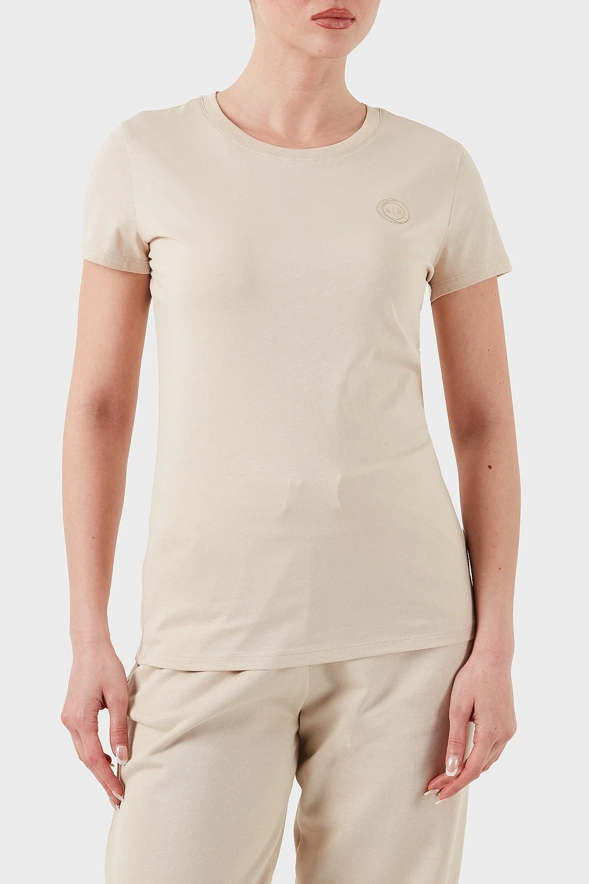 Armani Exchage % 100 Pamuk Regular Fit Metalik Logolu Bayan T Shirt XW000320 AF10356 U1095 EKRU - 10