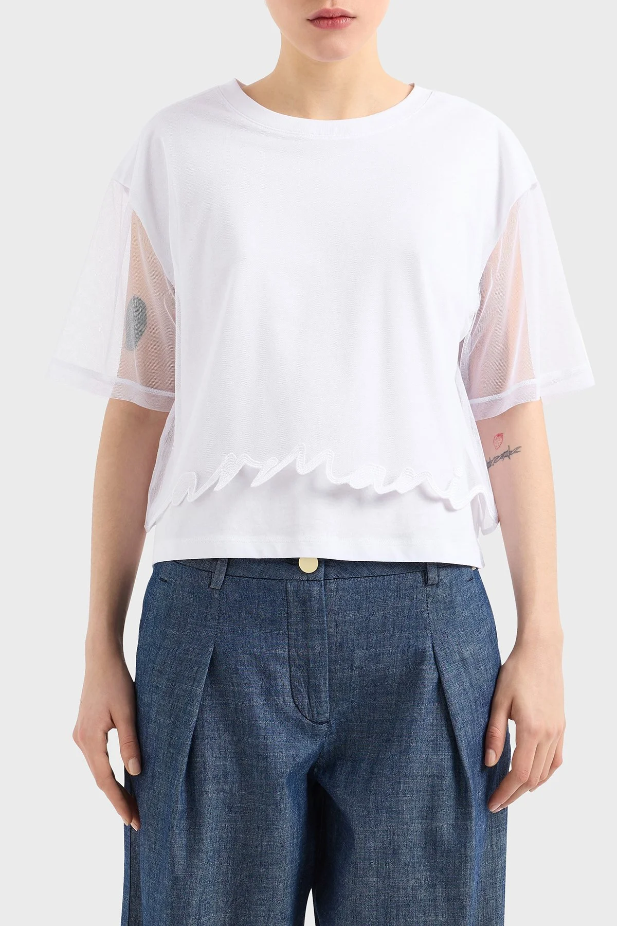 Armani Exchage % 100 Pamuk Regular Fit Tül Detaylı Crop Kadın T Shirt XW000541 AF10359 U0002 Beyaz - 1