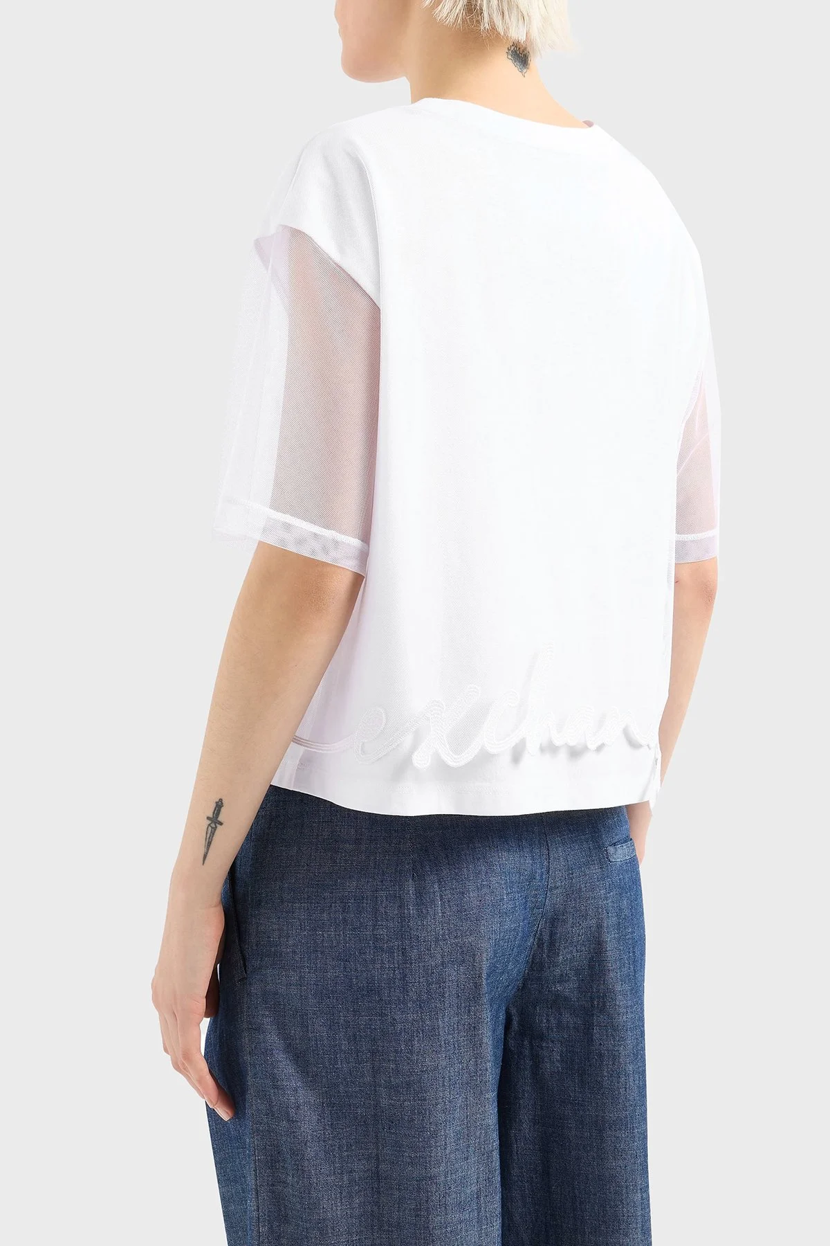 Armani Exchage % 100 Pamuk Regular Fit Tül Detaylı Crop Kadın T Shirt XW000541 AF10359 U0002 Beyaz - 3