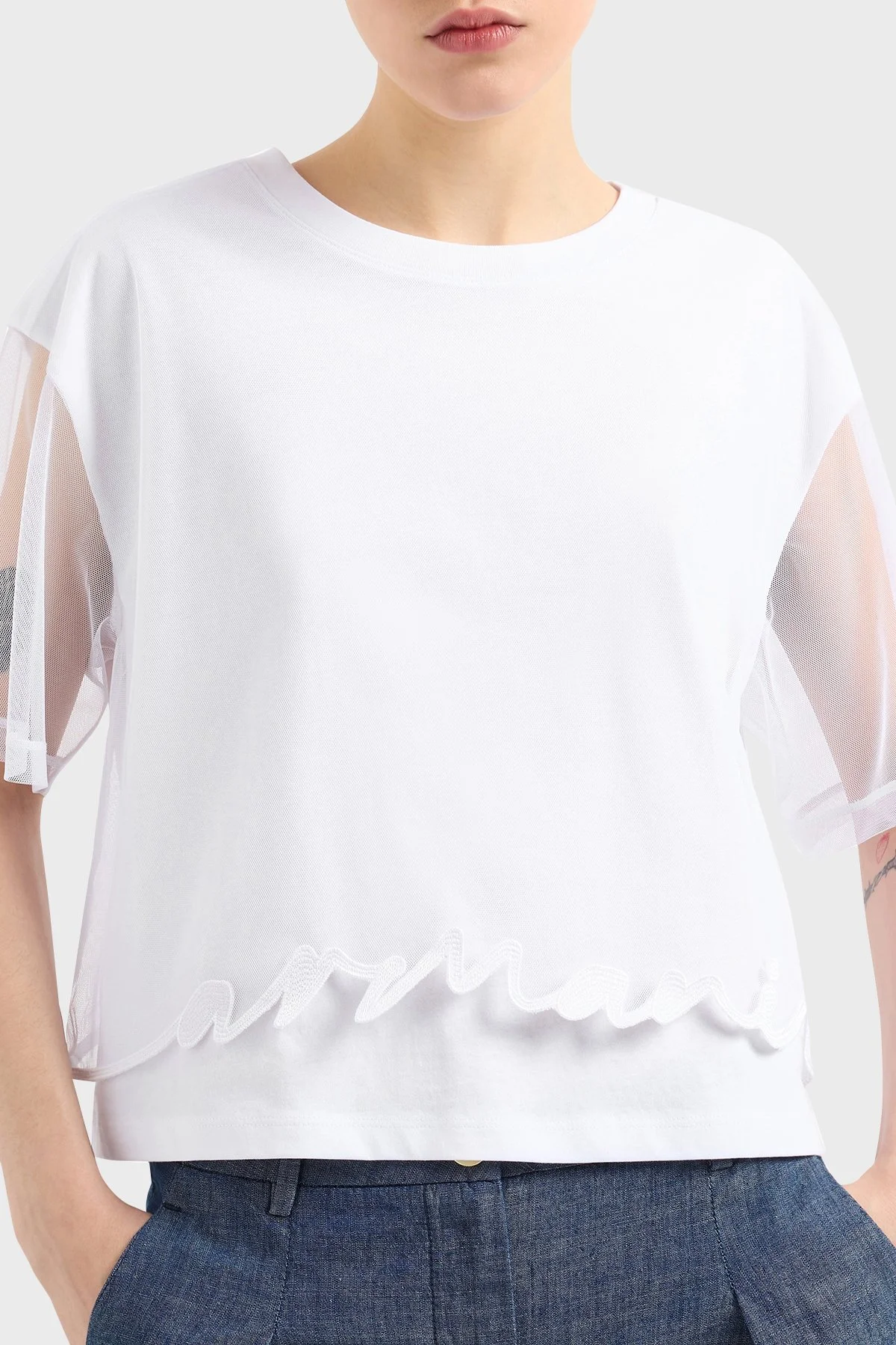 Armani Exchage % 100 Pamuk Regular Fit Tül Detaylı Crop Kadın T Shirt XW000541 AF10359 U0002 Beyaz - 4