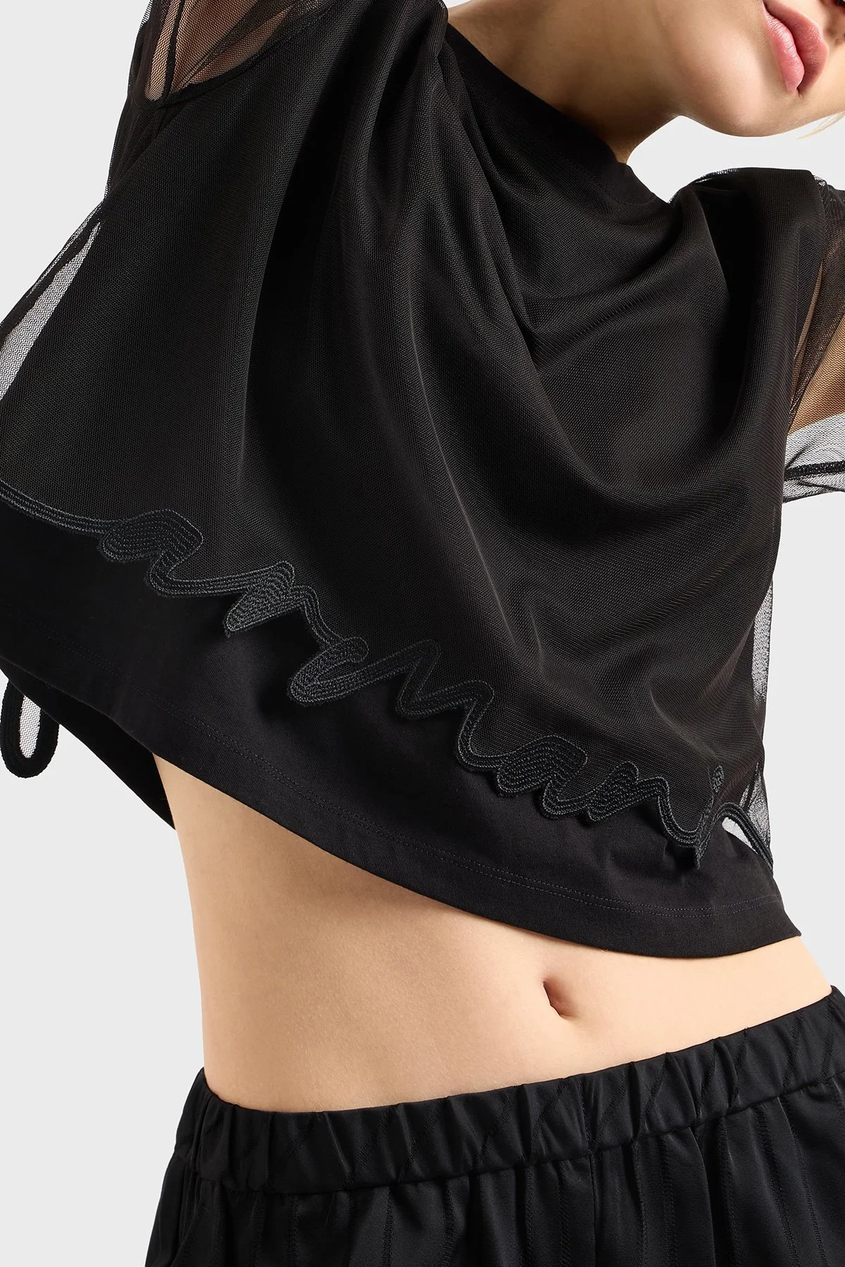 Armani Exchage % 100 Pamuk Regular Fit Tül Detaylı Crop Kadın T Shirt XW000541 AF10359 UC001 Siyah - 4