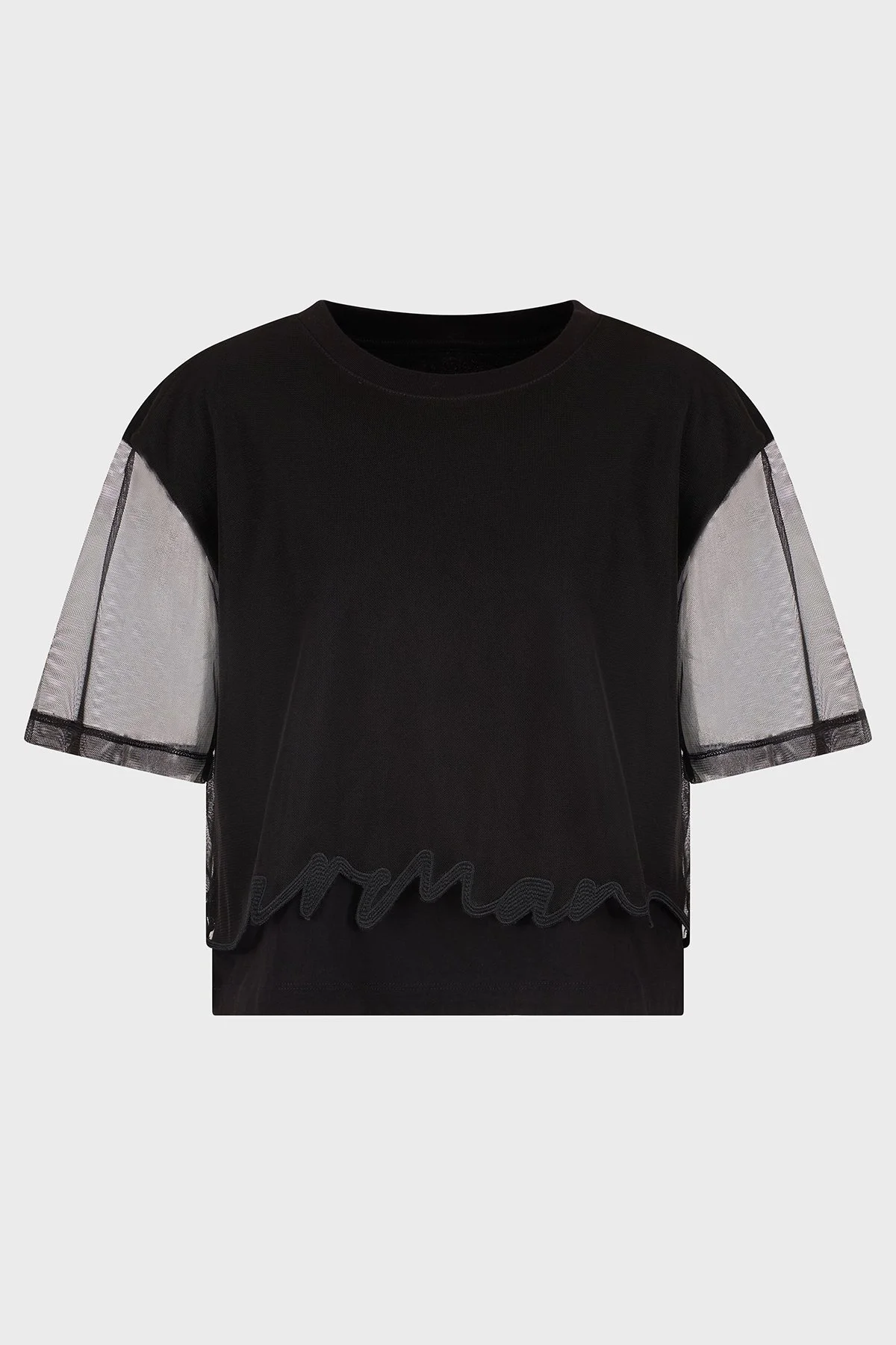 Armani Exchage % 100 Pamuk Regular Fit Tül Detaylı Crop Kadın T Shirt XW000541 AF10359 UC001 Siyah - 5