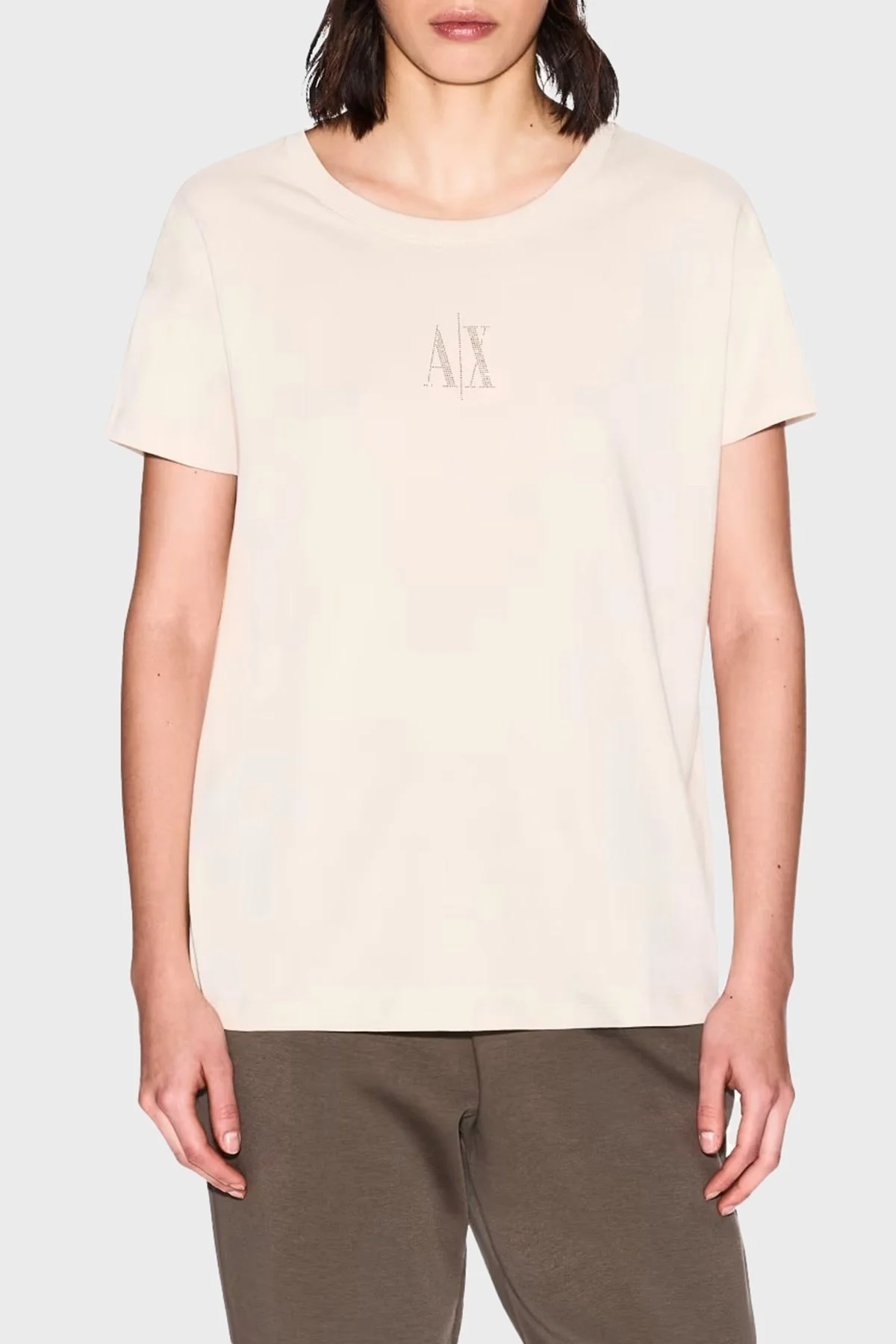 Armani Exchage % 100 Pamuk Relaxed Fit Taşlı Logolu Bayan T Shirt XW000830 AF10356 U1092 KREM - 6