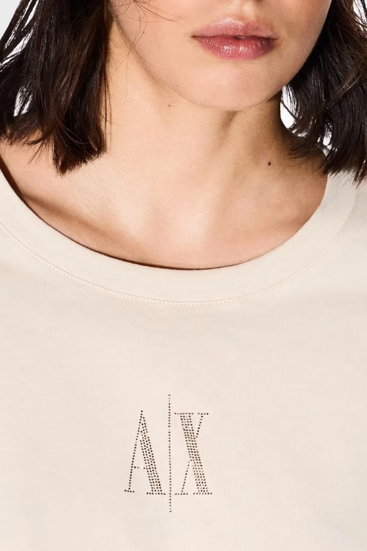 Armani Exchage % 100 Pamuk Relaxed Fit Taşlı Logolu Bayan T Shirt XW000830 AF10356 U1092 KREM - 9