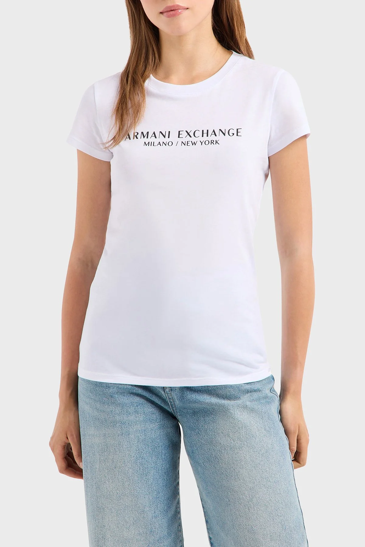 Armani Exchage Logo Baskılı % 100 Pamuk Slim Fit Yuvarlak Yaka Kadın T Shirt 8NYTAB YJG3Z 1000 BEYAZ - 1