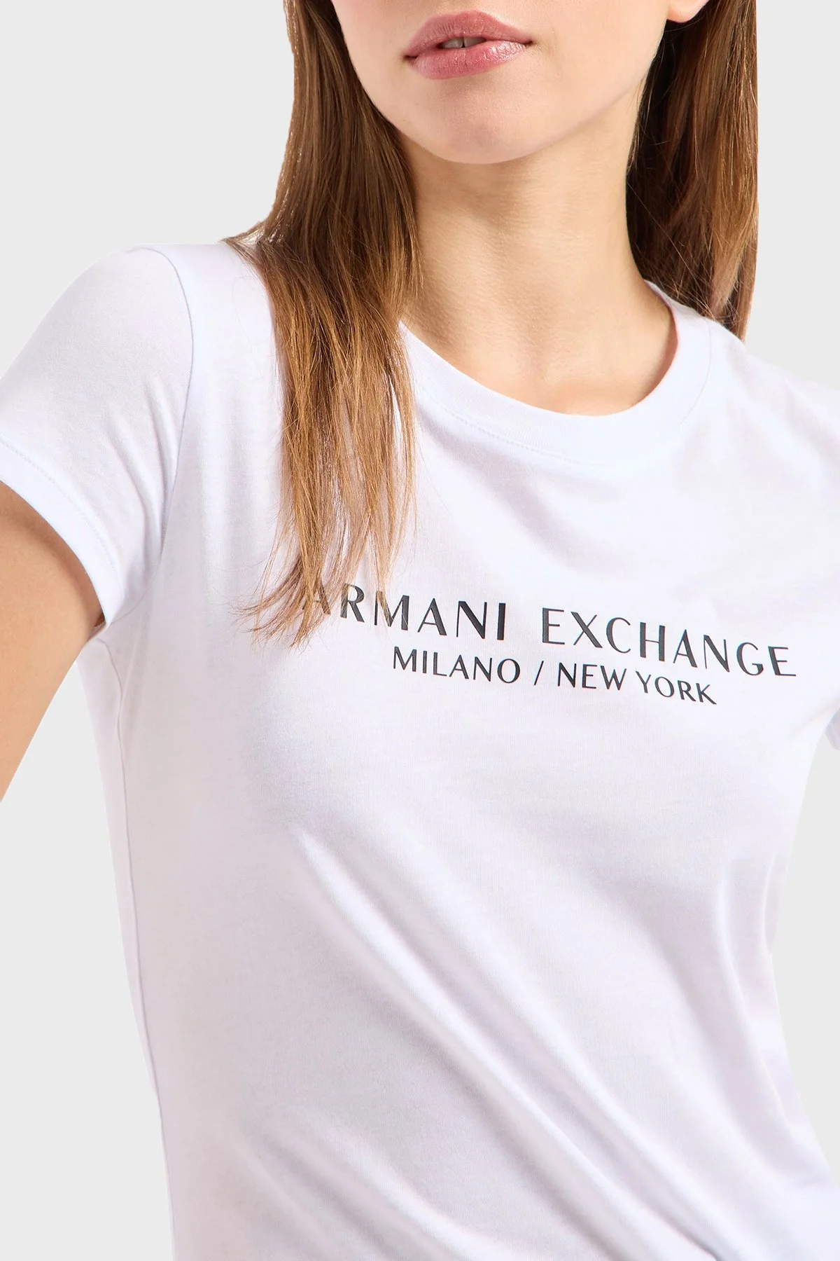 Armani Exchage Logo Baskılı % 100 Pamuk Slim Fit Yuvarlak Yaka Kadın T Shirt 8NYTAB YJG3Z 1000 BEYAZ - 4