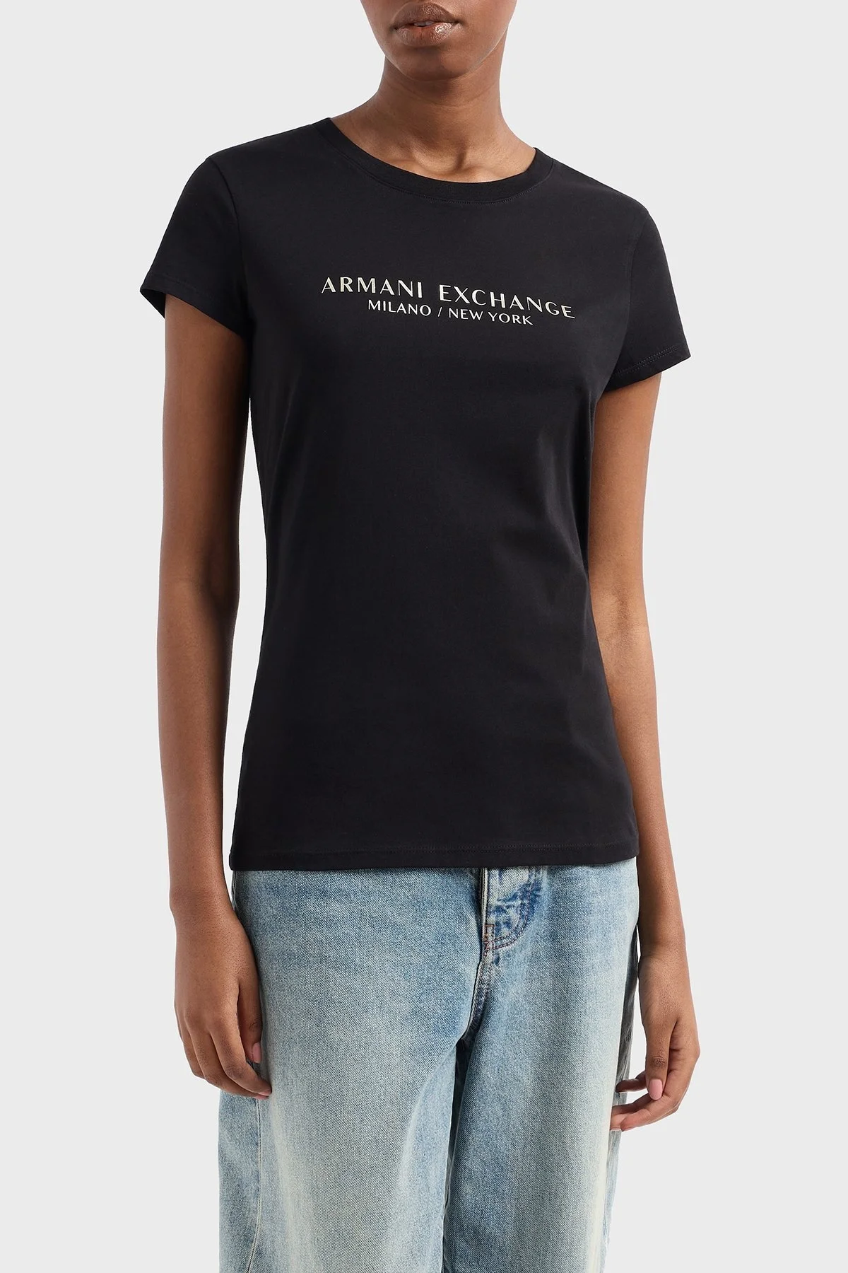Armani Exchage Logo Baskılı % 100 Pamuk Slim Fit Yuvarlak Yaka Bayan T Shirt 8NYTAB YJG3Z 52AK SİYAH-GOLD - 6