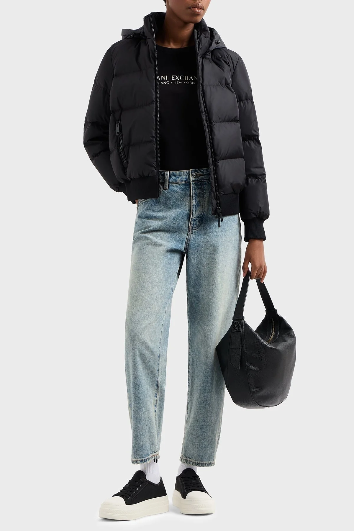 Armani Exchage Logo Baskılı % 100 Pamuk Slim Fit Yuvarlak Yaka Bayan T Shirt 8NYTAB YJG3Z 52AK SİYAH-GOLD - 7