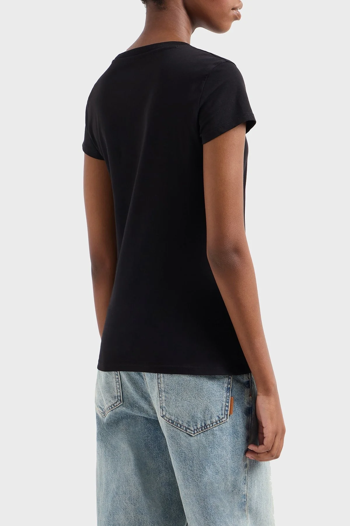 Armani Exchage Logo Baskılı % 100 Pamuk Slim Fit Yuvarlak Yaka Bayan T Shirt 8NYTAB YJG3Z 52AK SİYAH-GOLD - 8