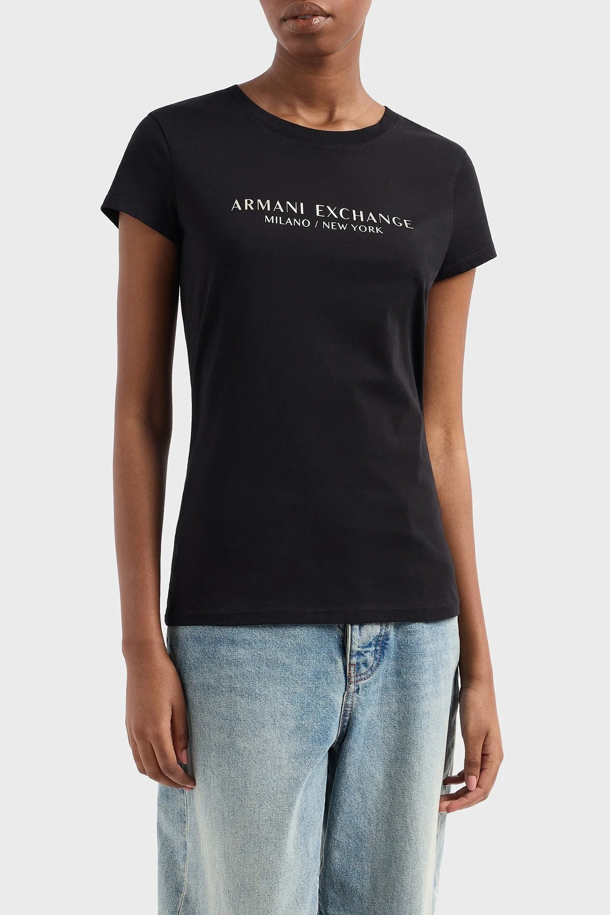 Armani Exchage Logo Baskılı % 100 Pamuk Slim Fit Yuvarlak Yaka Kadın T Shirt 8NYTAB YJG3Z 52AK SİYAH-GOLD - 1