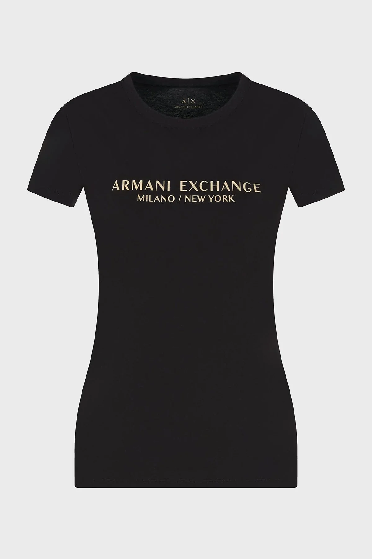 Armani Exchage Logo Baskılı % 100 Pamuk Slim Fit Yuvarlak Yaka Kadın T Shirt 8NYTAB YJG3Z 52AK SİYAH-GOLD - 5