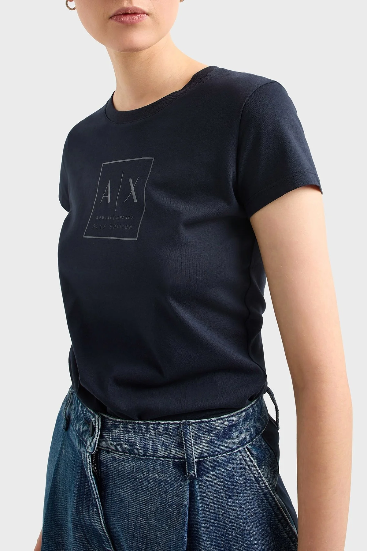 Armani Exchage Logolu % 100 Pamuk Slim Fit Bisiklet Yaka Bayan T Shirt XW000530 AF10359 UB100 LACİVERT - 4