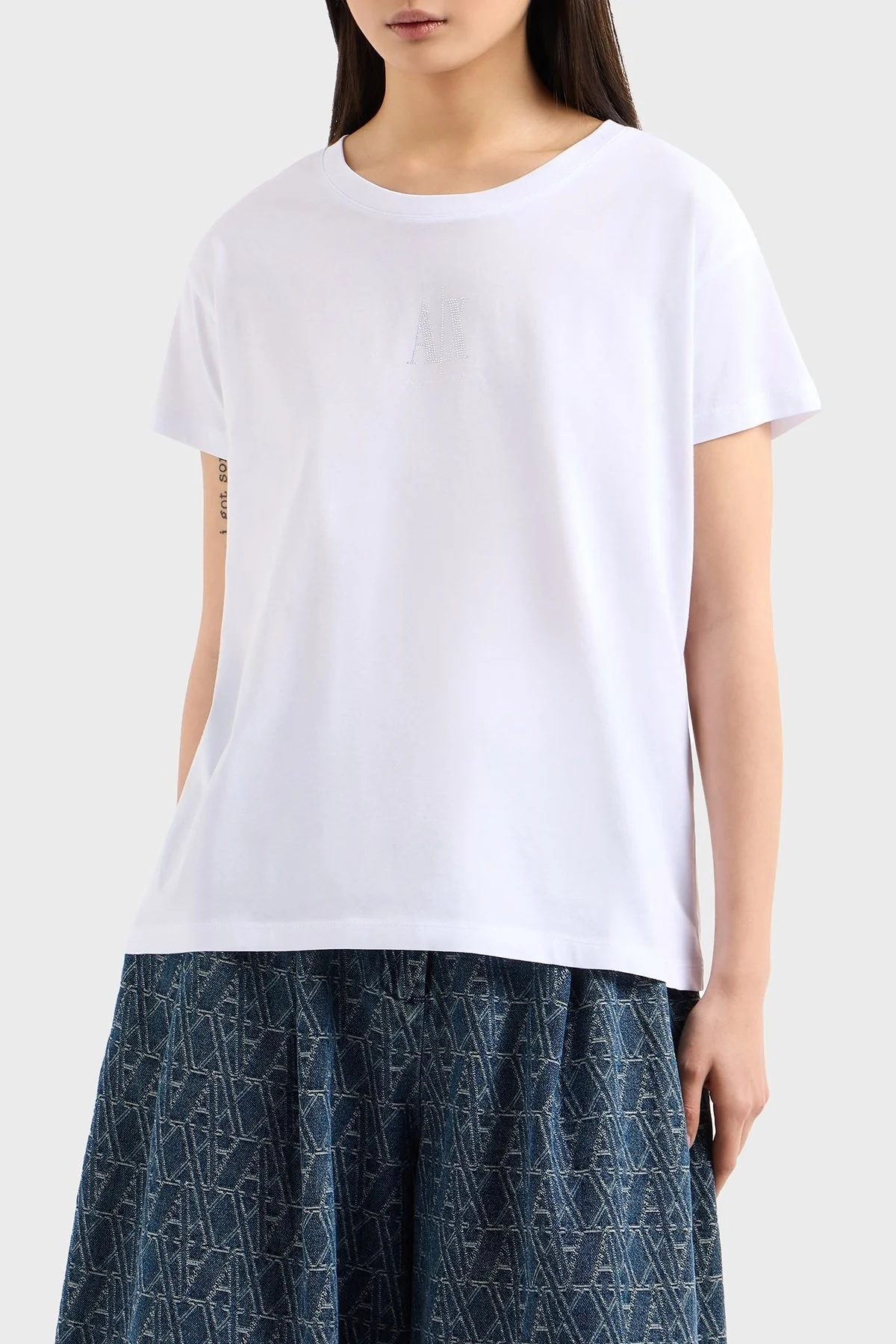 Armani Exchage Logolu Taşlı % 100 Pamuk Relaxed Fit Bisiklet Yaka Bayan T Shirt XW000830 AF10356 U0002 BEYAZ - 6