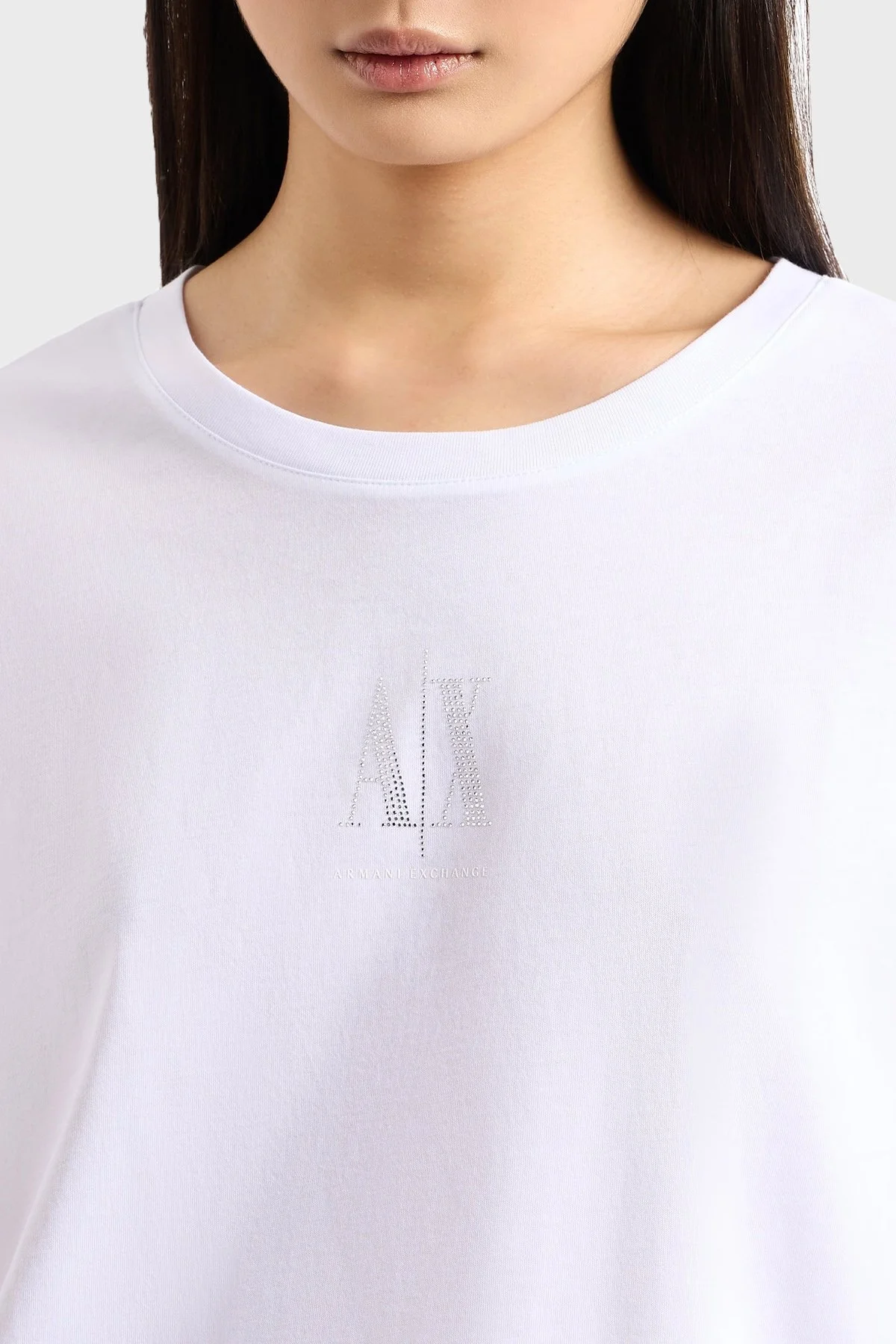 Armani Exchage Logolu Taşlı % 100 Pamuk Relaxed Fit Bisiklet Yaka Bayan T Shirt XW000830 AF10356 U0002 BEYAZ - 9