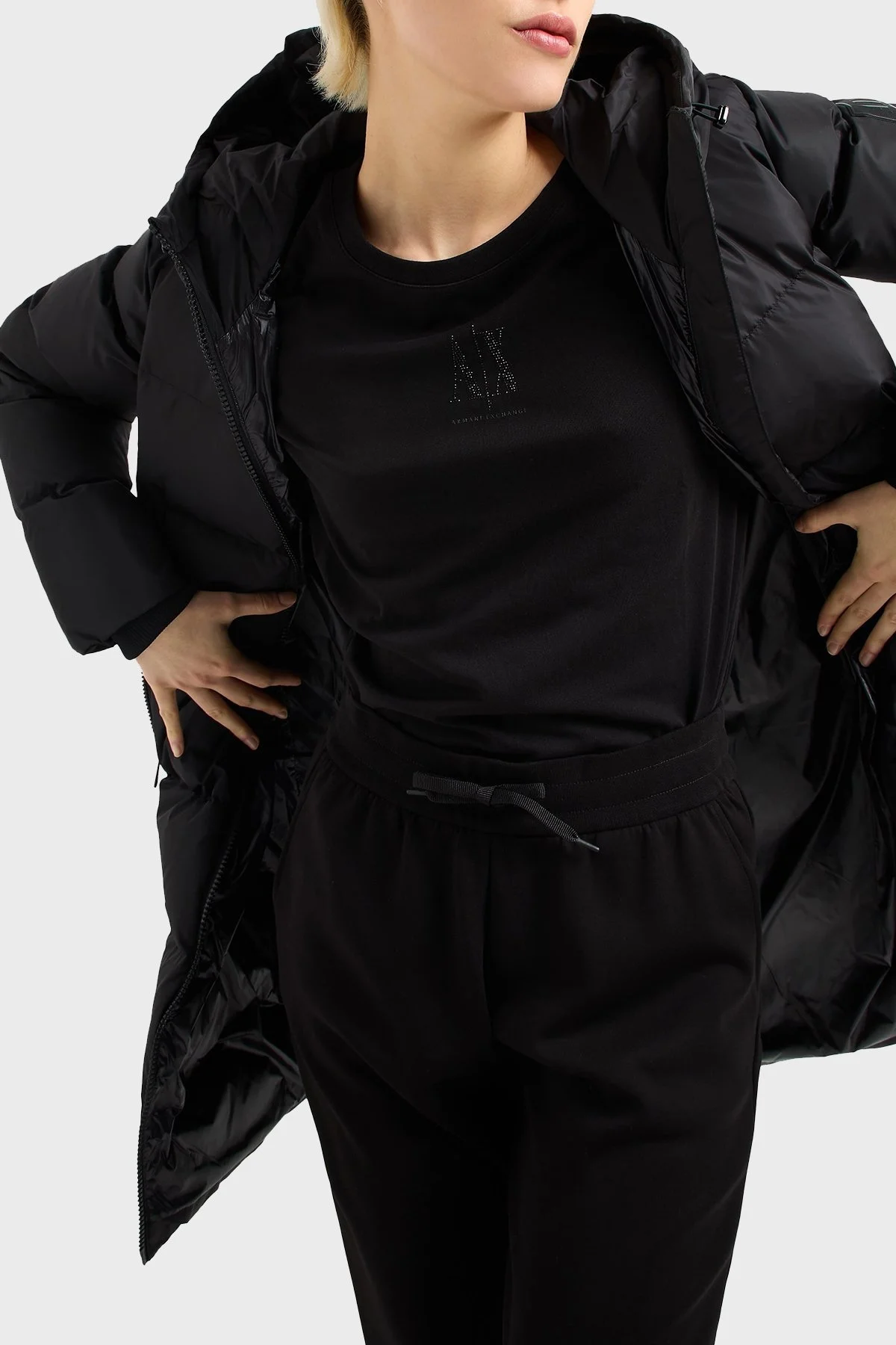 Armani Exchage Logolu Taşlı % 100 Pamuk Relaxed Fit Bisiklet Yaka Bayan T Shirt XW000830 AF10356 UC001 SİYAH - 9