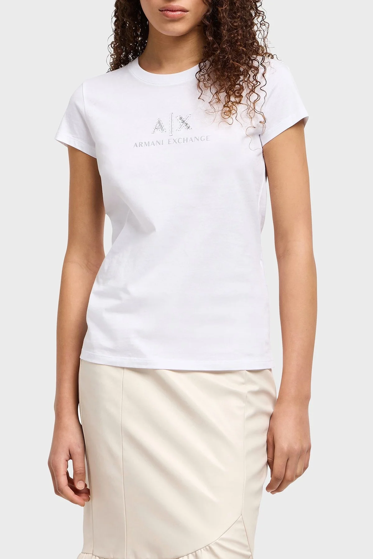 Armani Exchage Taşlı % 100 Pamuk Slim Fit Bisiklet Yaka Bayan T Shirt XW000386 AF10354 U0002 BEYAZ - 6