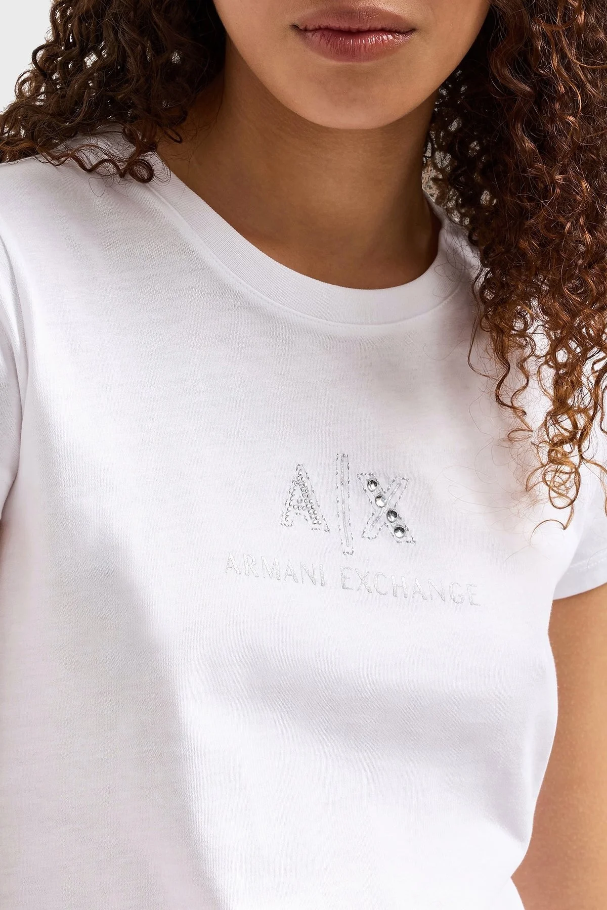 Armani Exchage Taşlı % 100 Pamuk Slim Fit Bisiklet Yaka Bayan T Shirt XW000386 AF10354 U0002 BEYAZ - 9